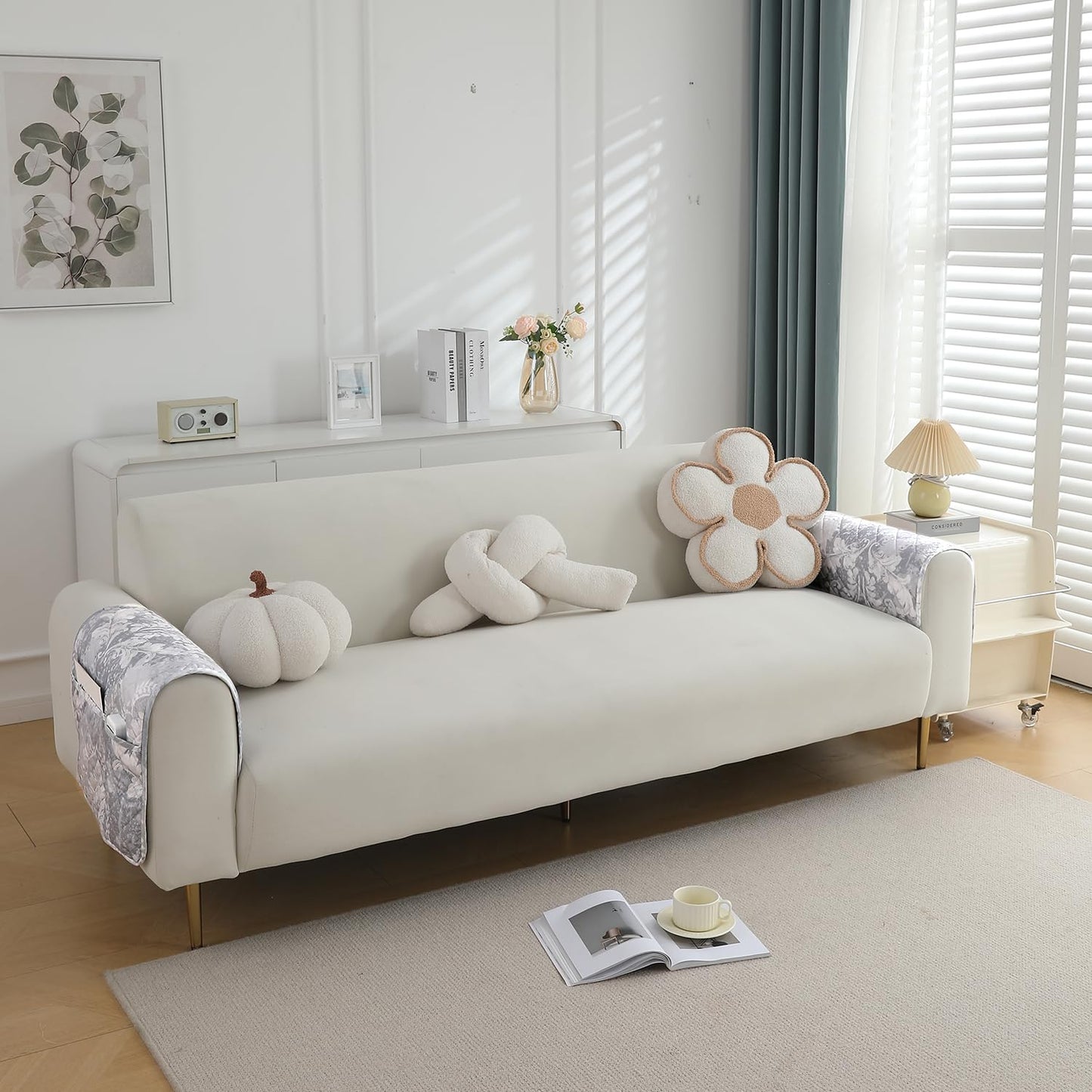 Quilted, Waterproof and Anti-Slip Sofa Cover Mat, Motifs Cloud Grey