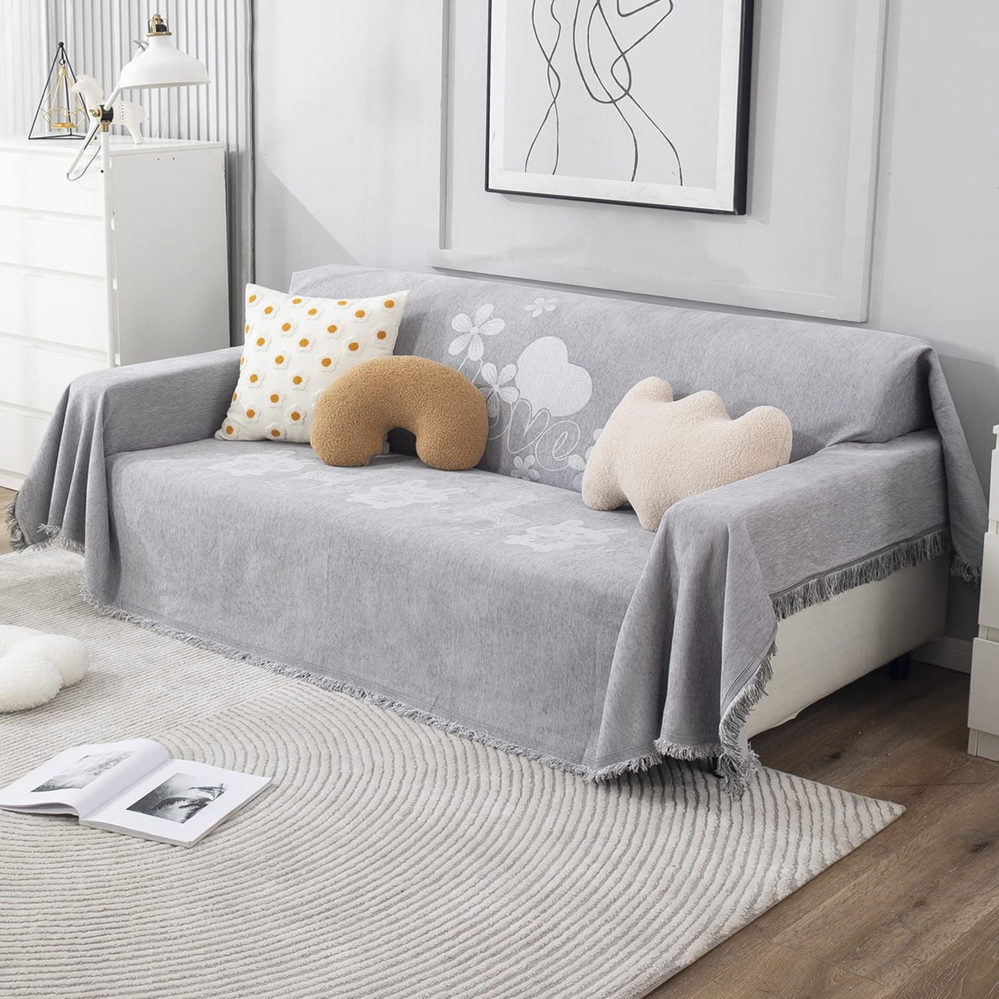 Thick, Soft and Pet Friendly Chenille Sofa Cover Throw, Grey Nature