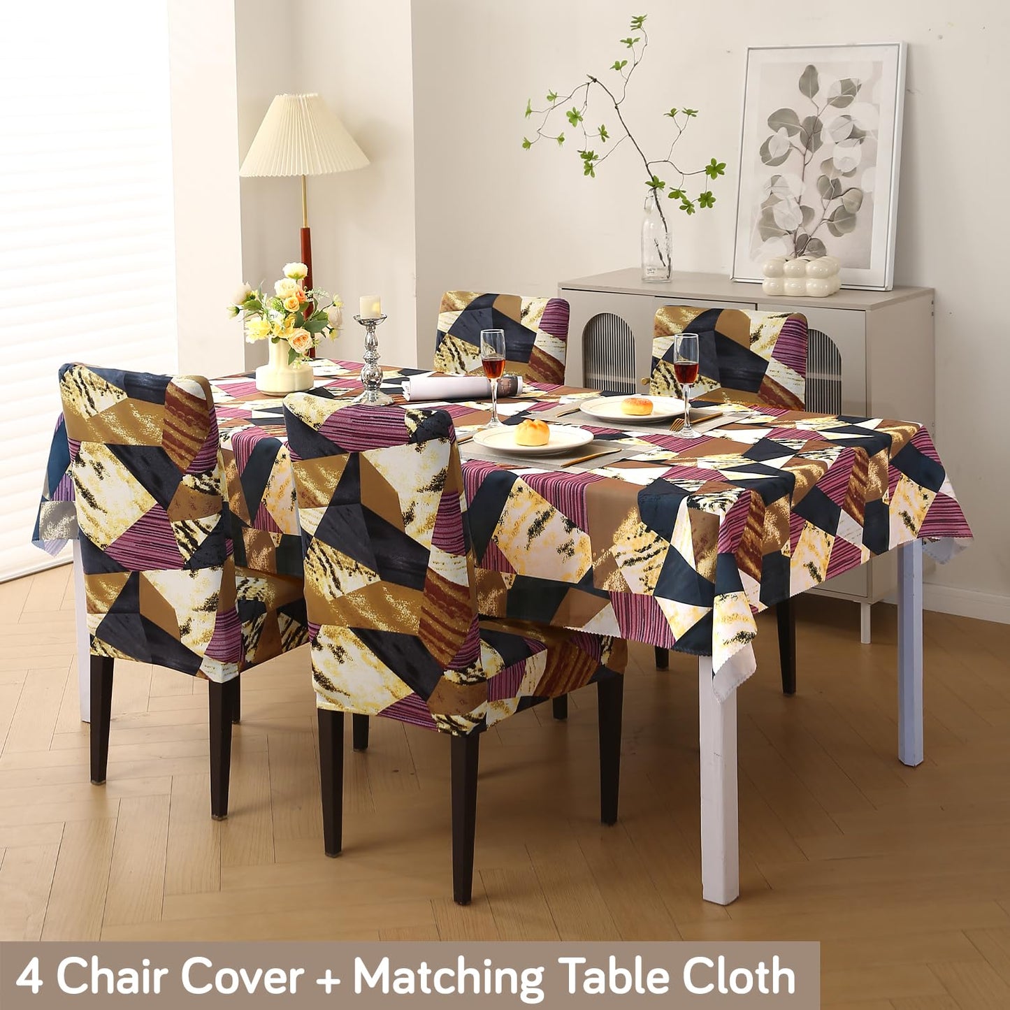 HOKIPO Elastic Dining Chair Covers with Matching Tablecloth, Wine Abstract Geometry