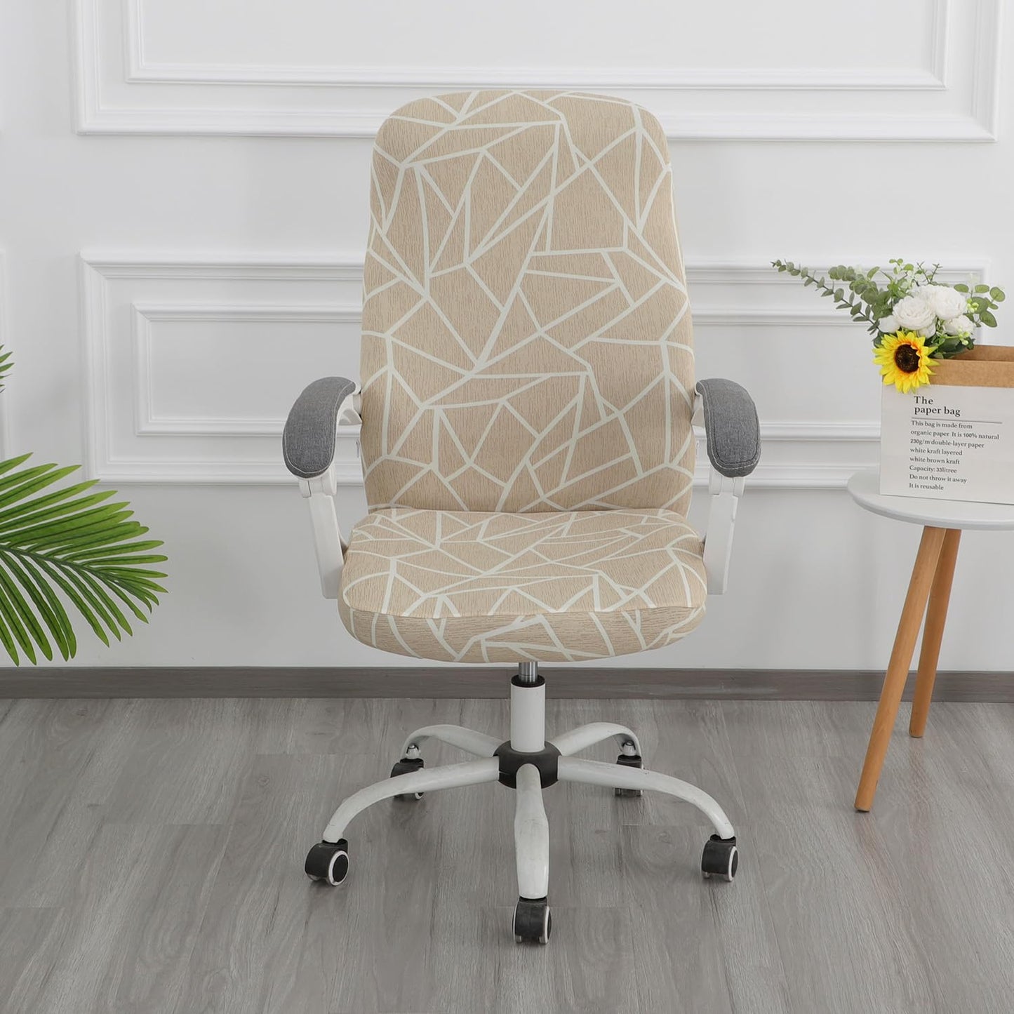 HOKIPO 140gsm Stretchable Office Chair Cover, Beige Abstract Geometry - Medium / Large