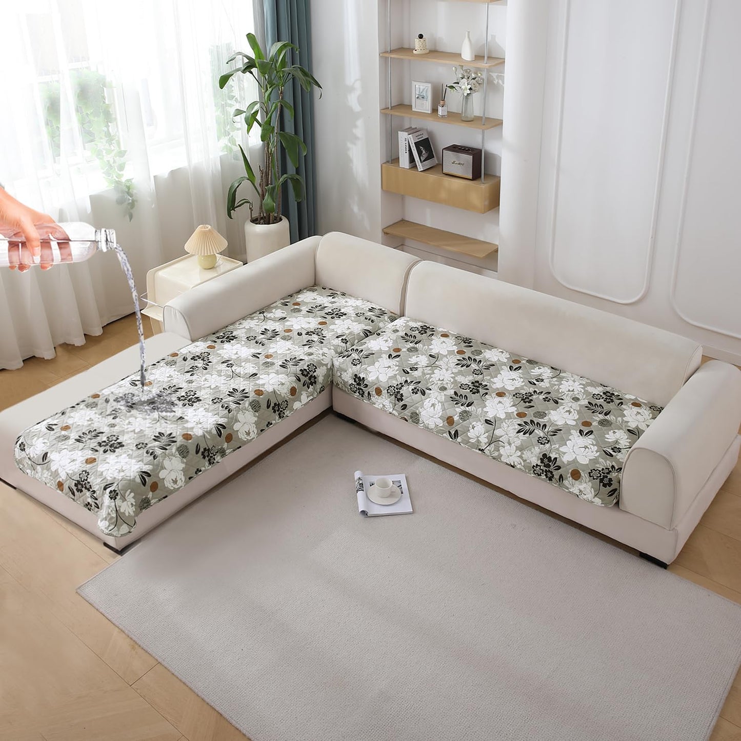 Waterproof Printed Quilted Quick Dry L Shape Sofa Seat Cover Mat, Feather Brown Floral