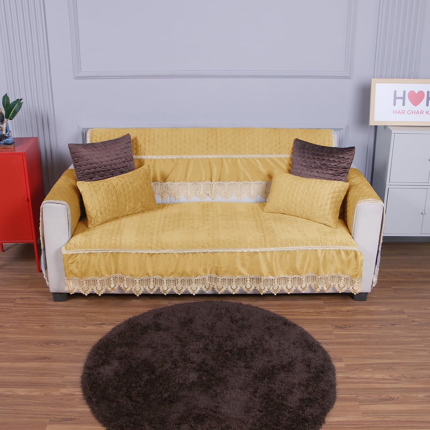 Buy Cozy Mustard Colour Zippered Hexagonal Texture Velvet Sofa Pillow Covers for Luxury Look