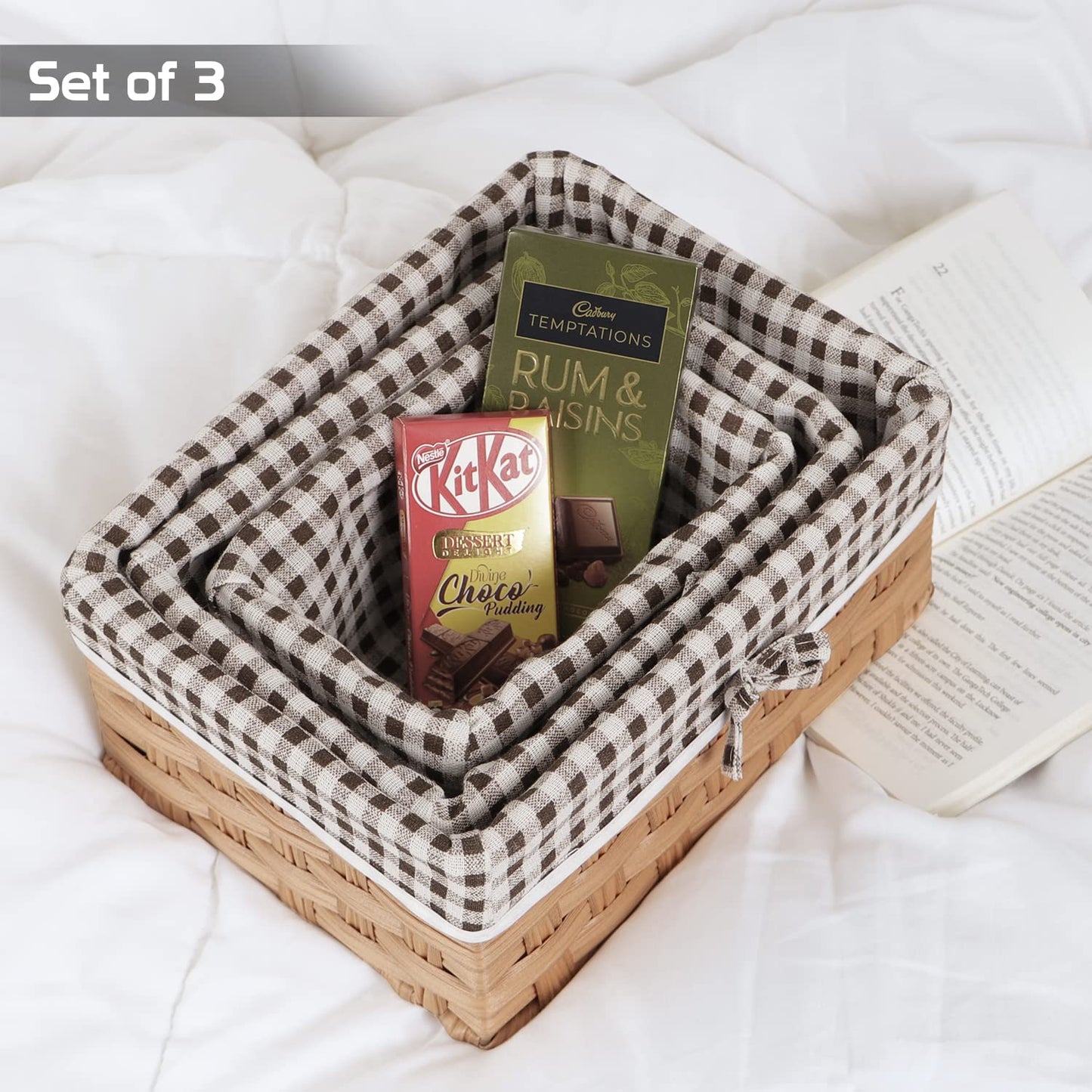 Handwoven Imitation Rattan Wicker Rectangular Basket For Home, Office, Wardrobe. Pack Of 3, Light Brown