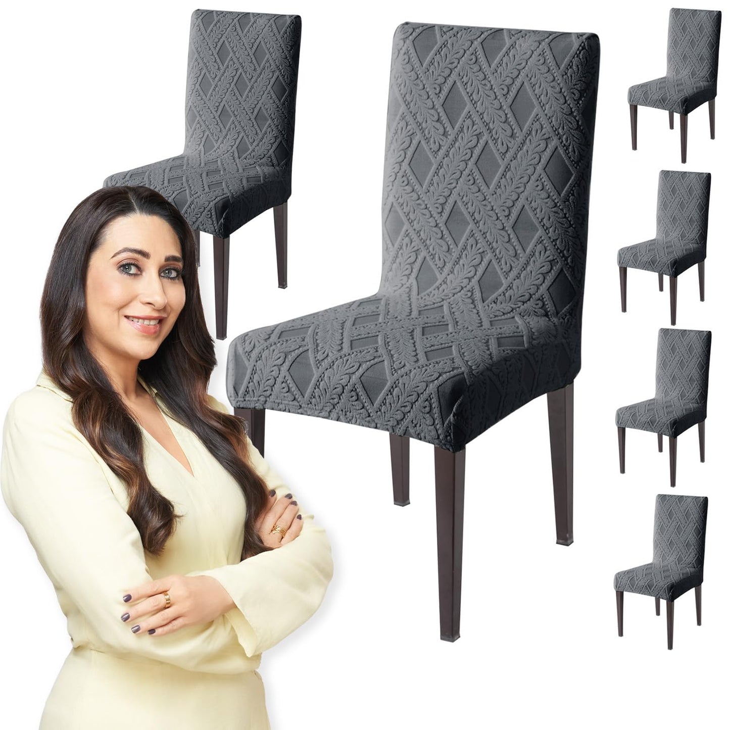 Chair Cover Set of 1/2/4/6, 190 GSM Jacquard, Dark Grey