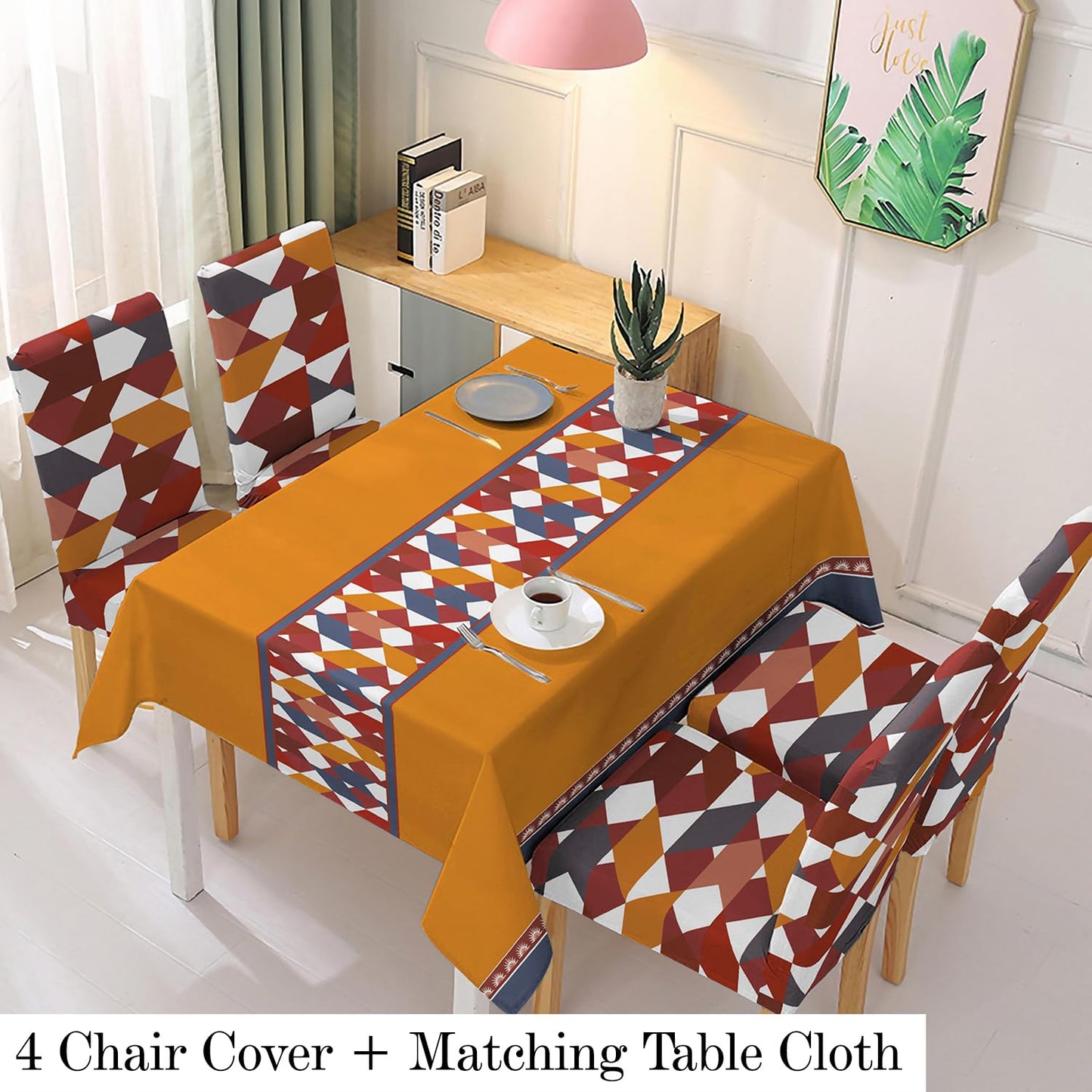 HOKIPO Polyester Dining Chair Covers Set of 4/6 with Matching Tablecloth, Parallelogram Ochre Brown