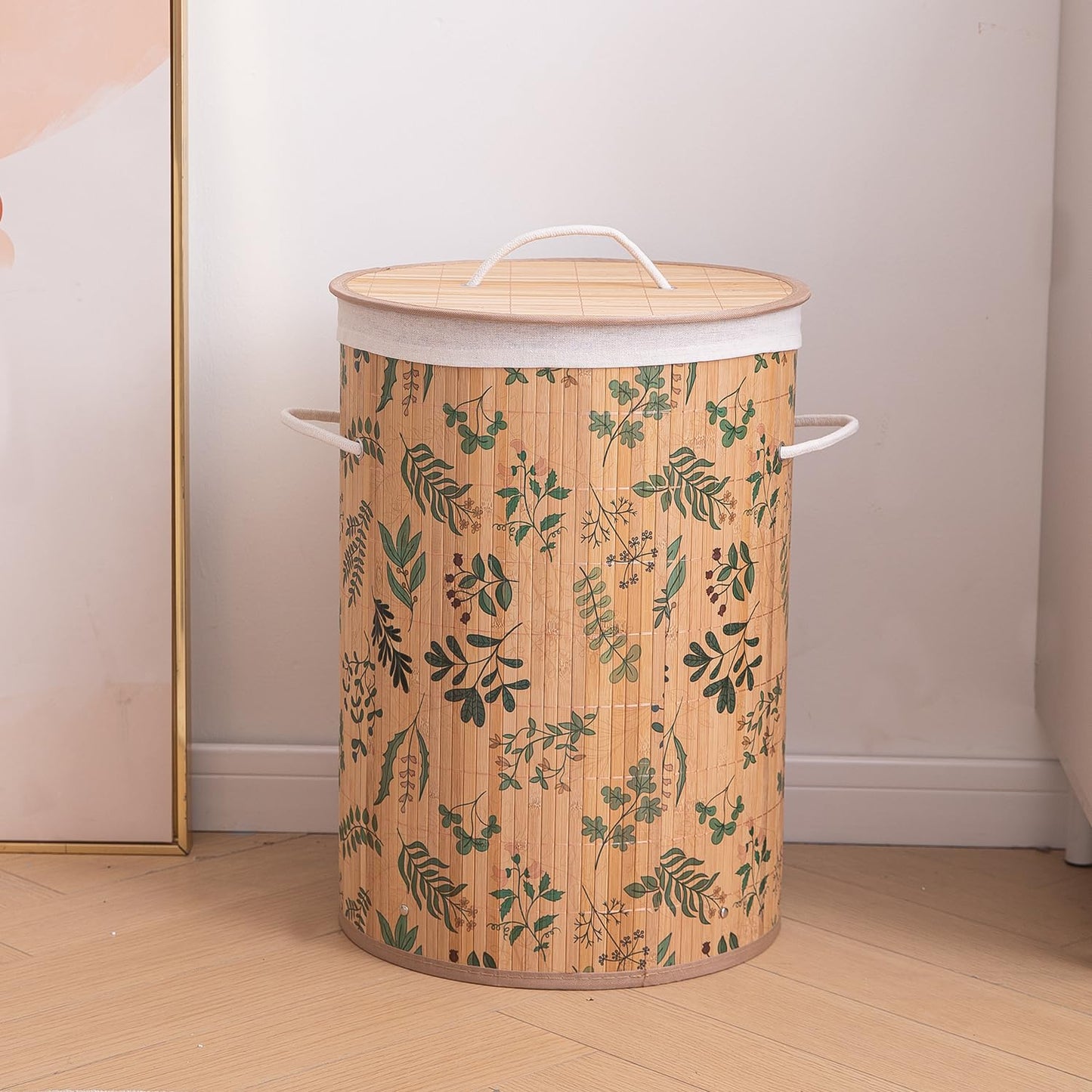 Eco-Friendly Foldable Bamboo Laundry Basket Hamper with Lid, Large, 61 Litre, Fern Leaves