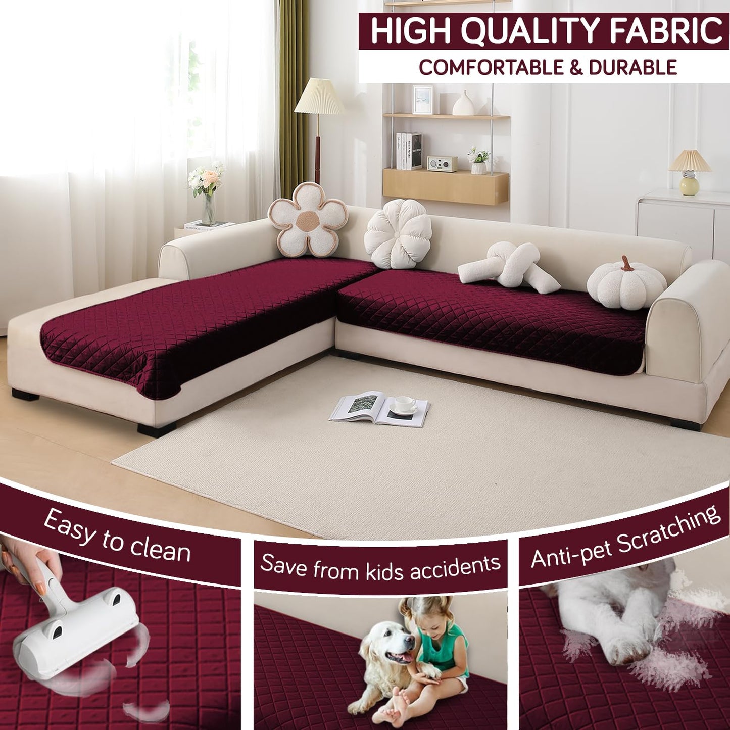 HOKIPO Waterproof Quilted Quick Dry L Shape Sofa Seat Cover Mat, Burgundy