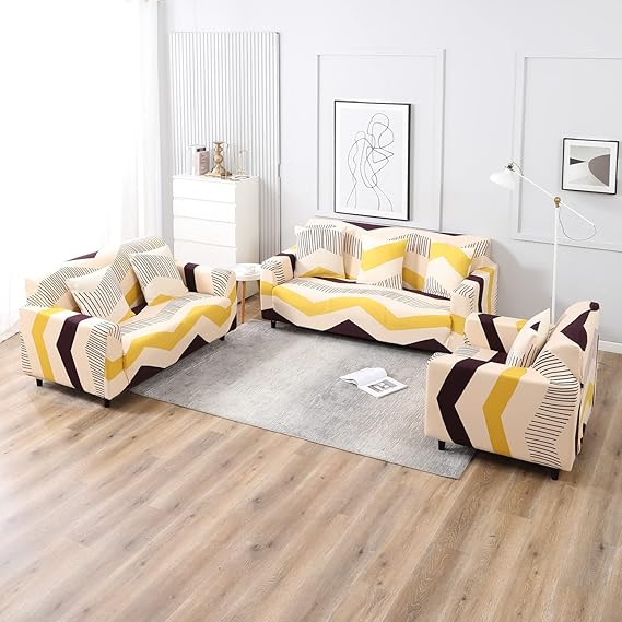 Beige Brown Chevron Print elastic sofa cover sets for 1,2,3,4,5 & 7 seater sofas