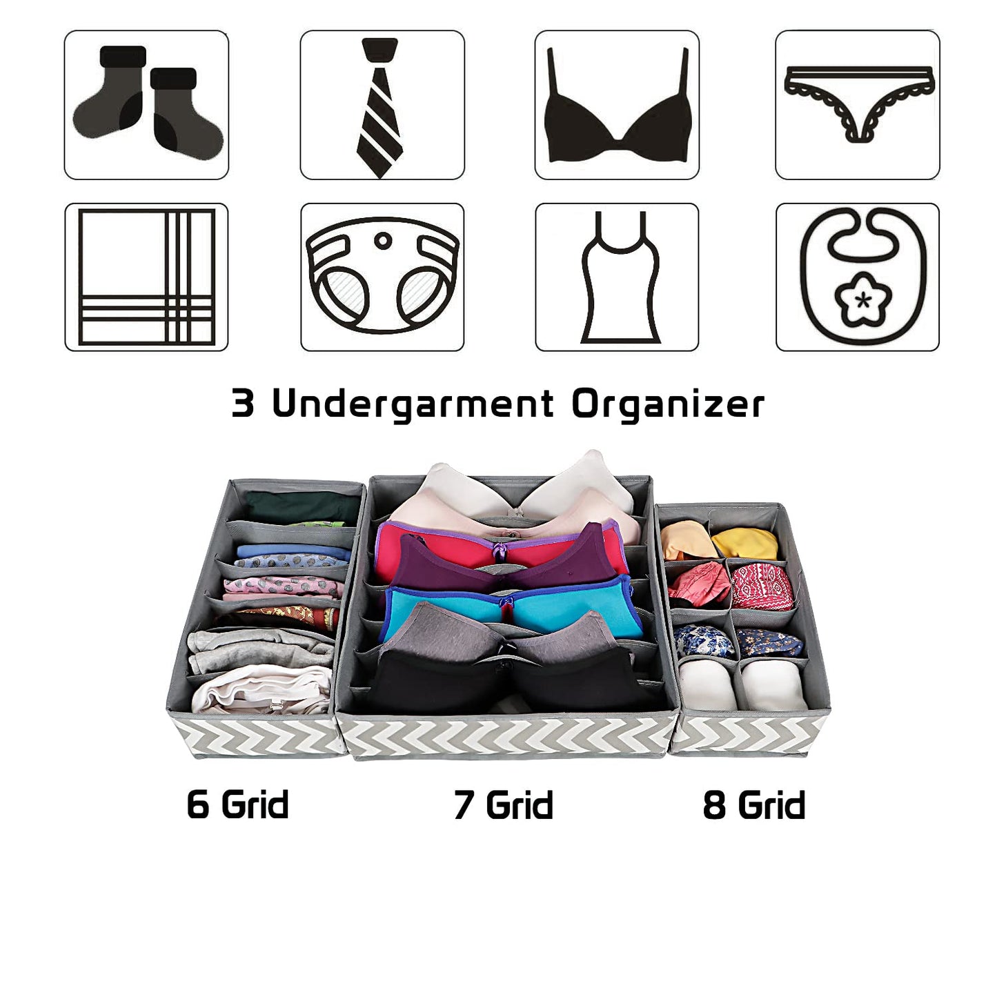 3 Pcs Undergarment Organizer Storage Box for Drawers Bra Panty Socks Tie Lingerie Organizer for Wardrobe, 8x7x6 Grid