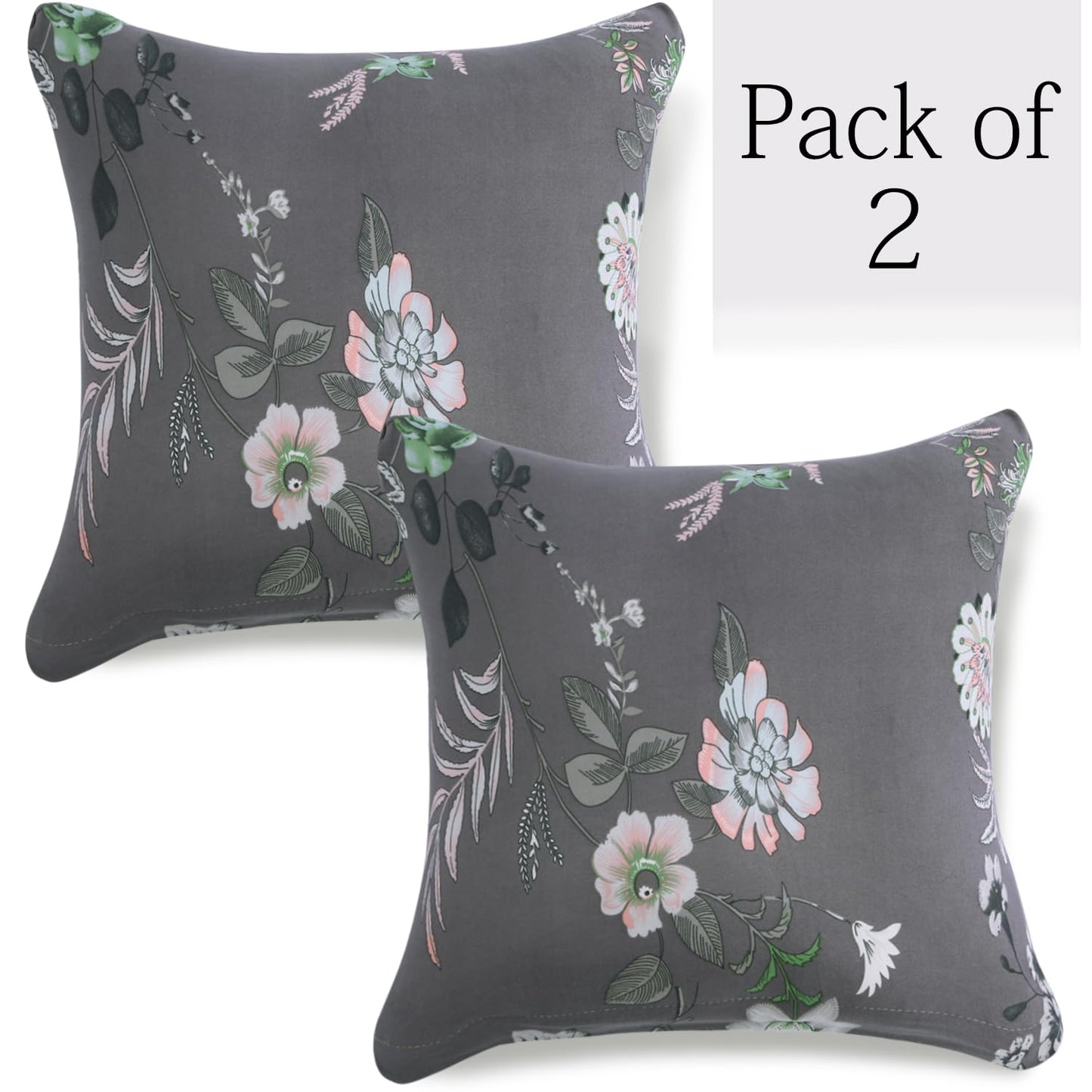HOKIPO Stretchable Pack of 2 Cushion Cover 16x16, Bentonite Grey Budding Florals