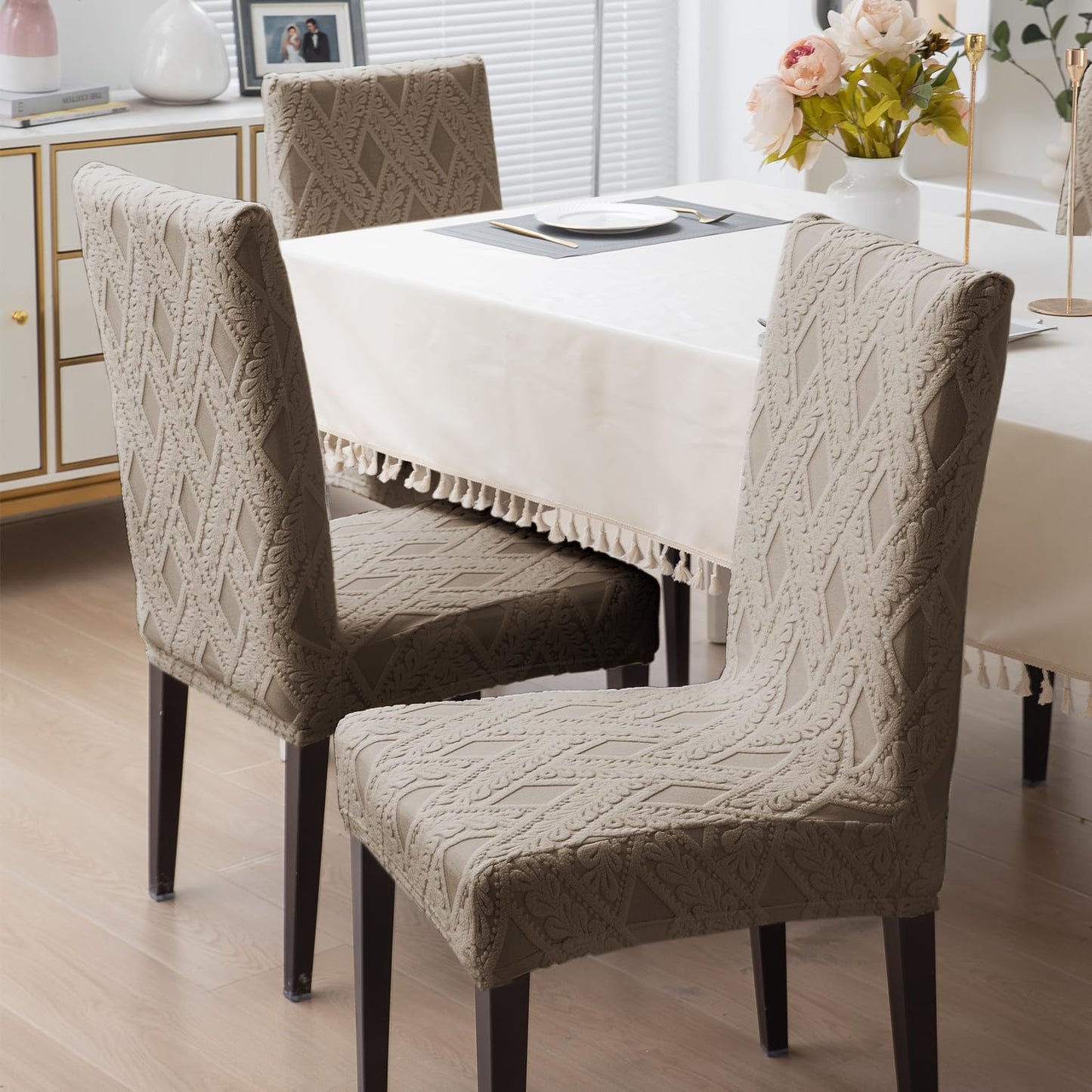 Chair Cover Set of 1/2/4/6, 190 GSM Jacquard, Buff Brown