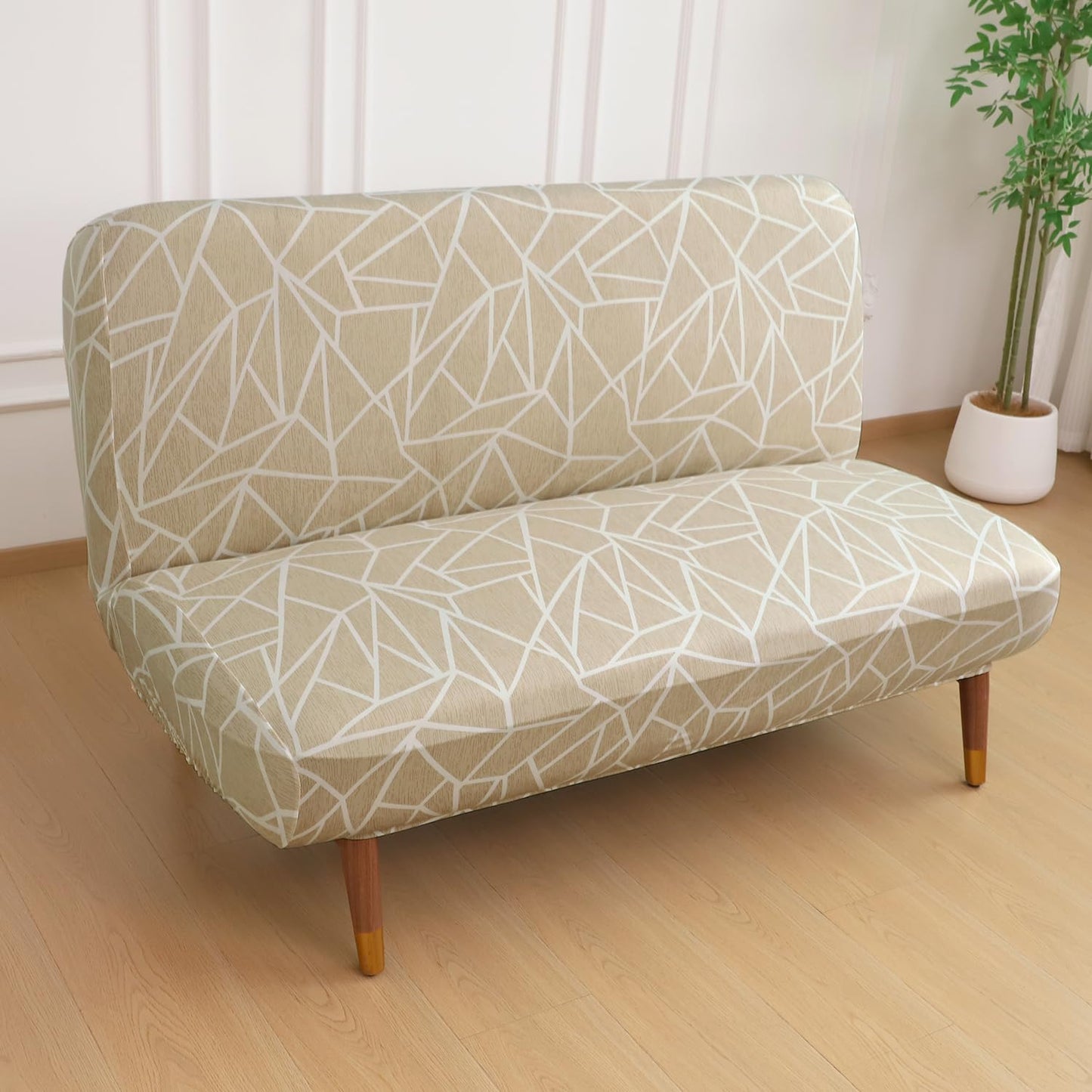Elira Series Stretchable Elastic Armless Sofa Cover – 140 GSM, Futon Slipcover, Easy Fit, Beige Abstract Geometry
