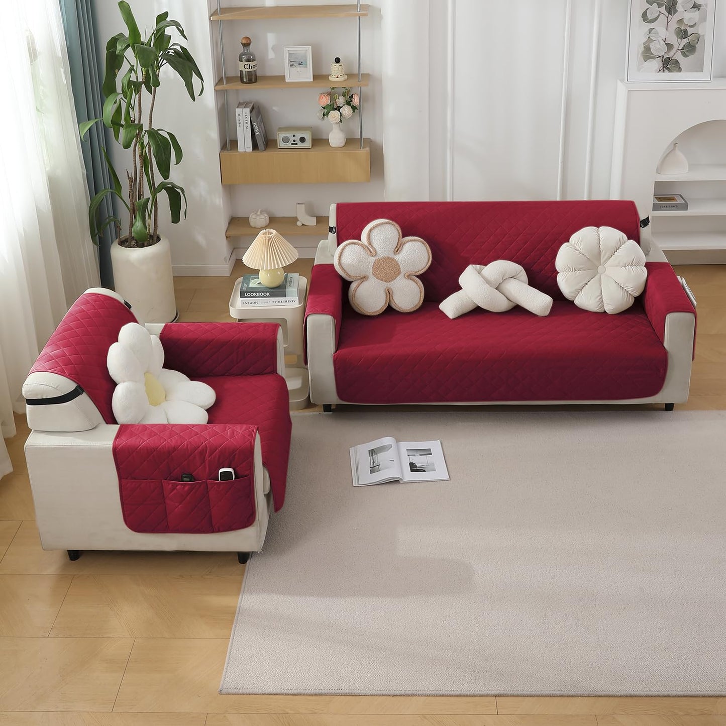 Quilted Waterproof Sofa Cover Mat with Pockets on Armrest Cover - Maroon