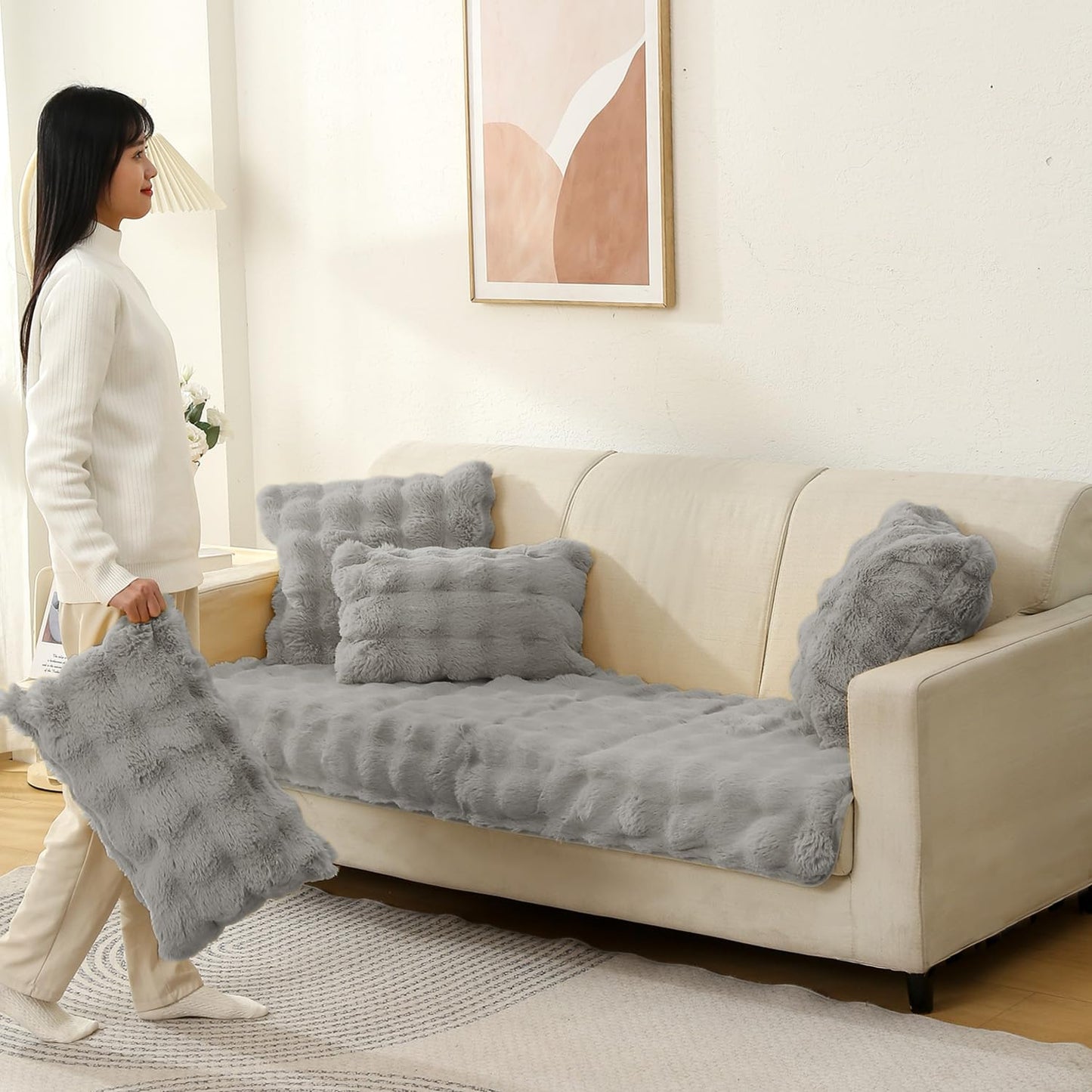 Buy cute Cool Grey colour Zippered faux rabbit fur Cushion Covers