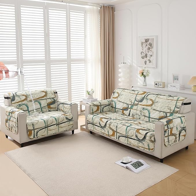 Waterproof & Quick-Dry Quilted Sofa Cover with Pockets on Armrest, Parchement Beige Abstract Art