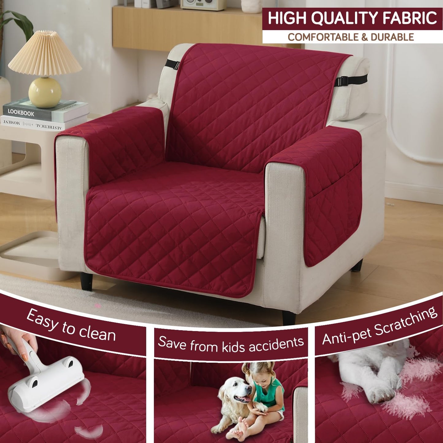 Quilted Waterproof Sofa Cover Mat with Pockets on Armrest Cover - Maroon