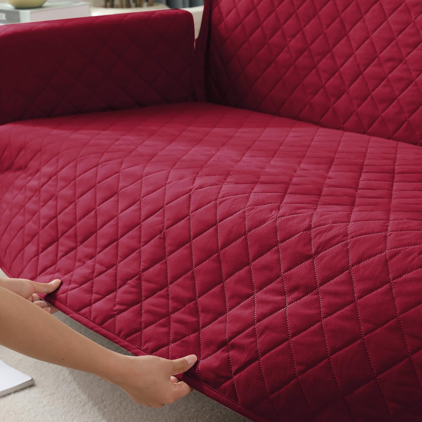Quilted Waterproof Sofa Cover Mat with Pockets on Armrest Cover - Maroon