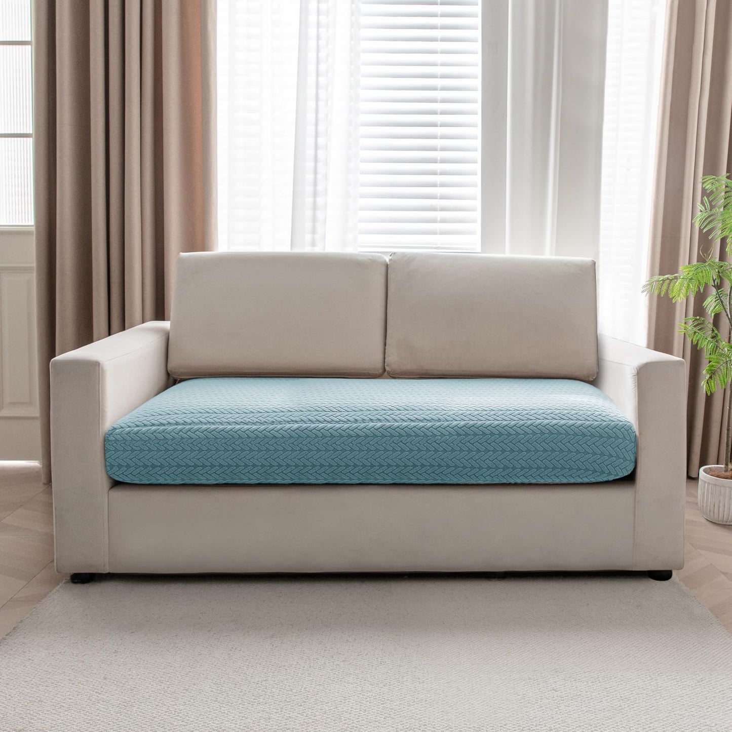 Stretchable Thick Jacquard Textured Seat Couch Cushion Cover for 1/2/3 Seaters, Carolina Blue