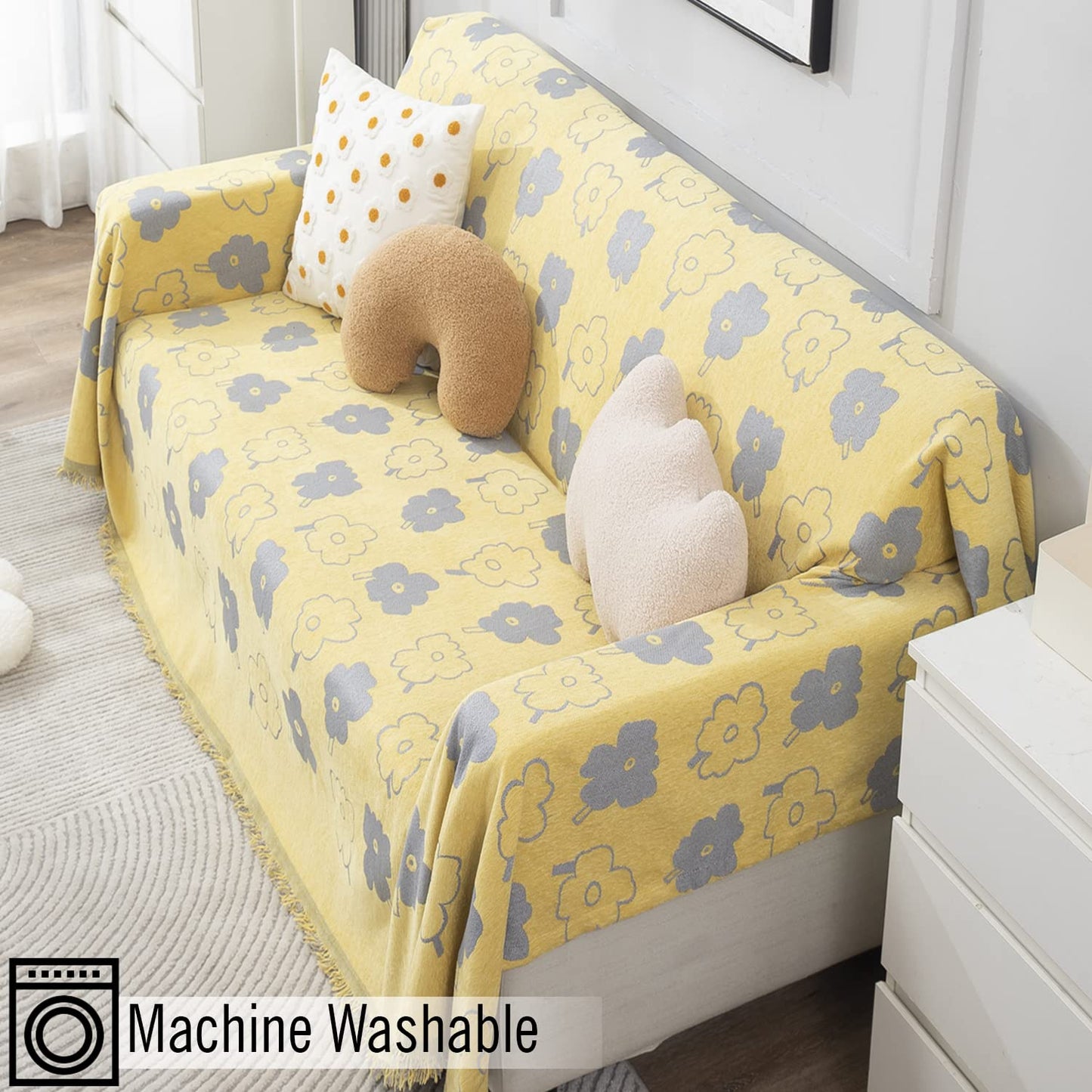 Thick, Soft and Pet Friendly Chenille Sofa Cover Throw, Yellow Floral