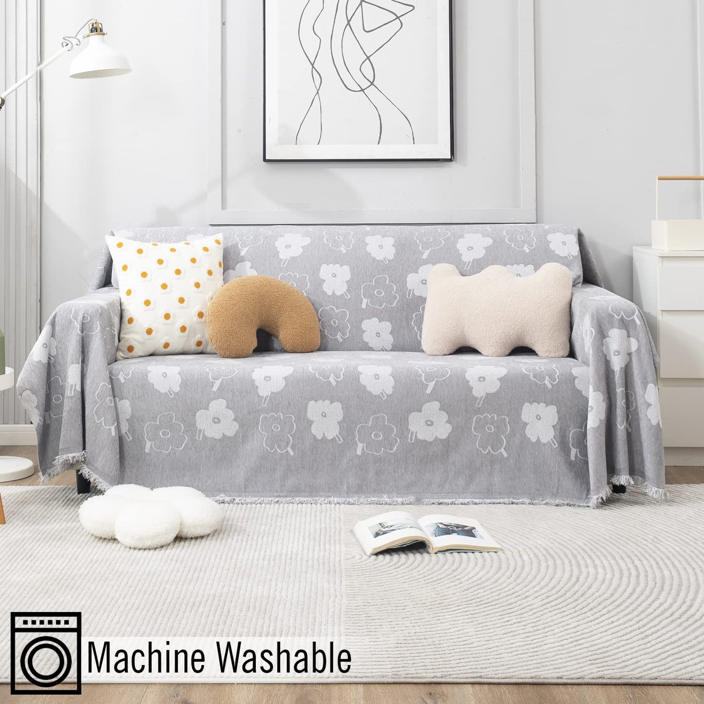 Grey Floral Chenille Sofa Throw | Thick & Soft for 1/2/3 Seater