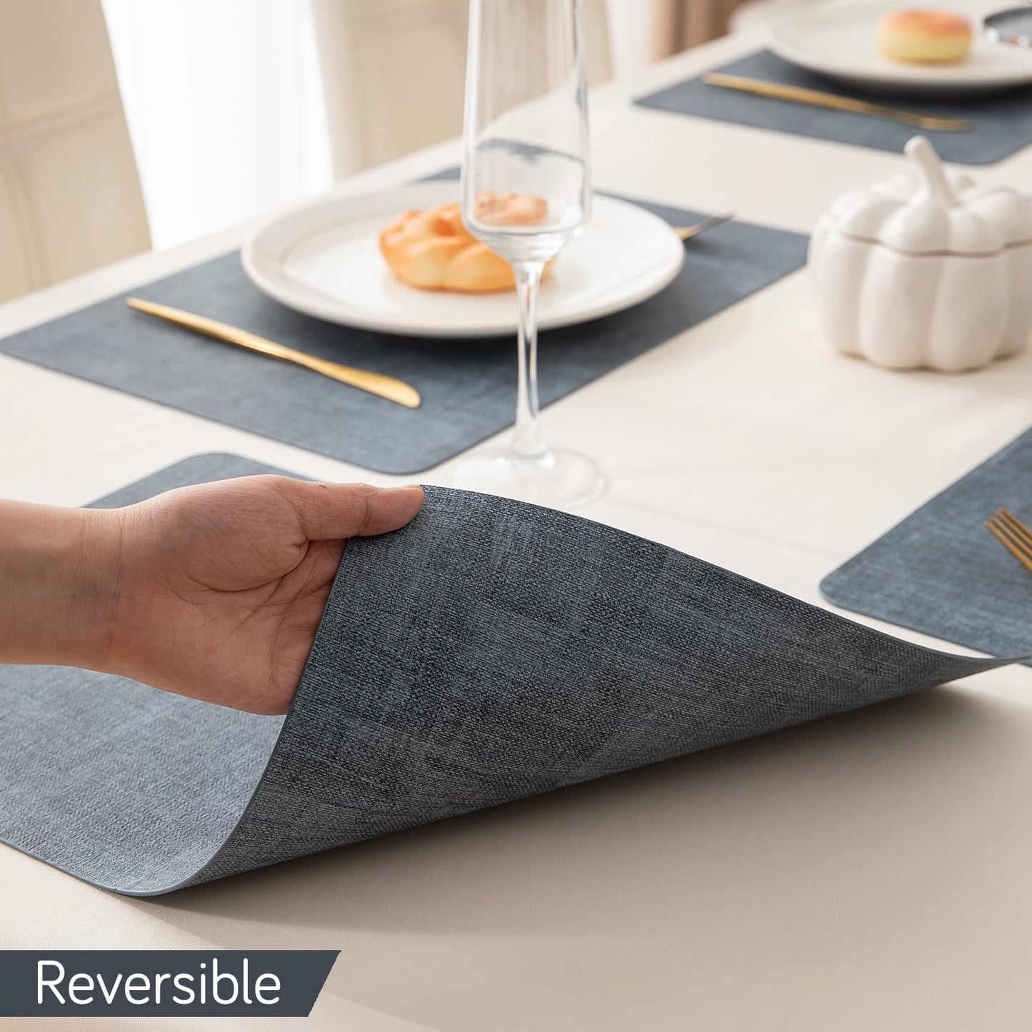 Premium Faux Leather Dining Table Mats, Blue