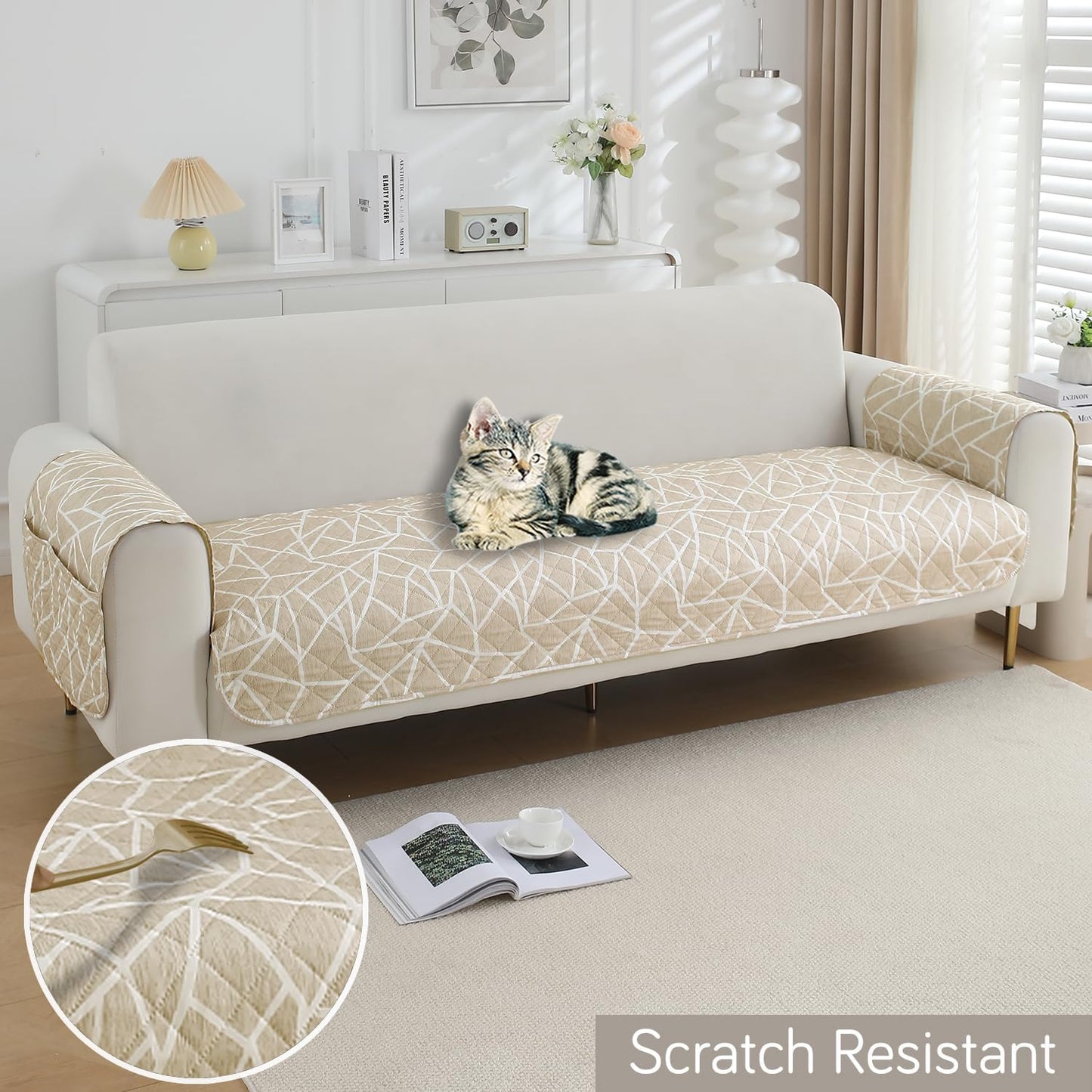 Waterproof Quilted Sofa Seat Mat for 1/2/3 Seater with 2 Armrest Covers with Pockets, Beige Abstract Geometry