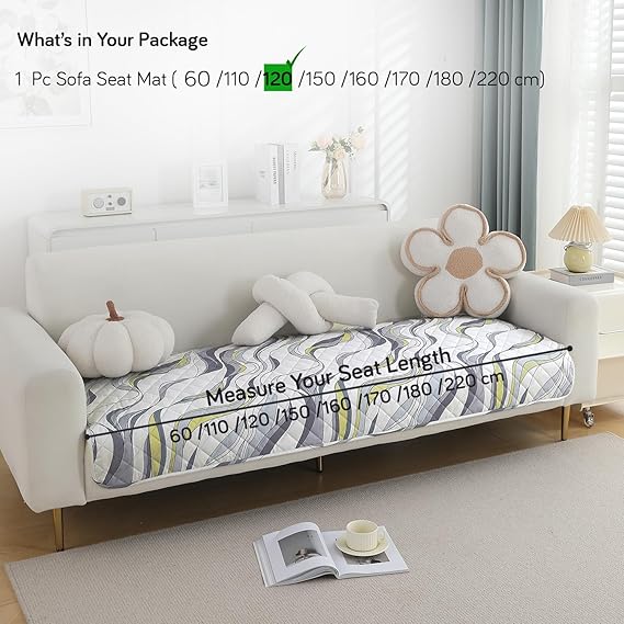 Quilted, Waterproof and Anti-Slip Sofa Cover Mat, Curved Lines Pearl White
