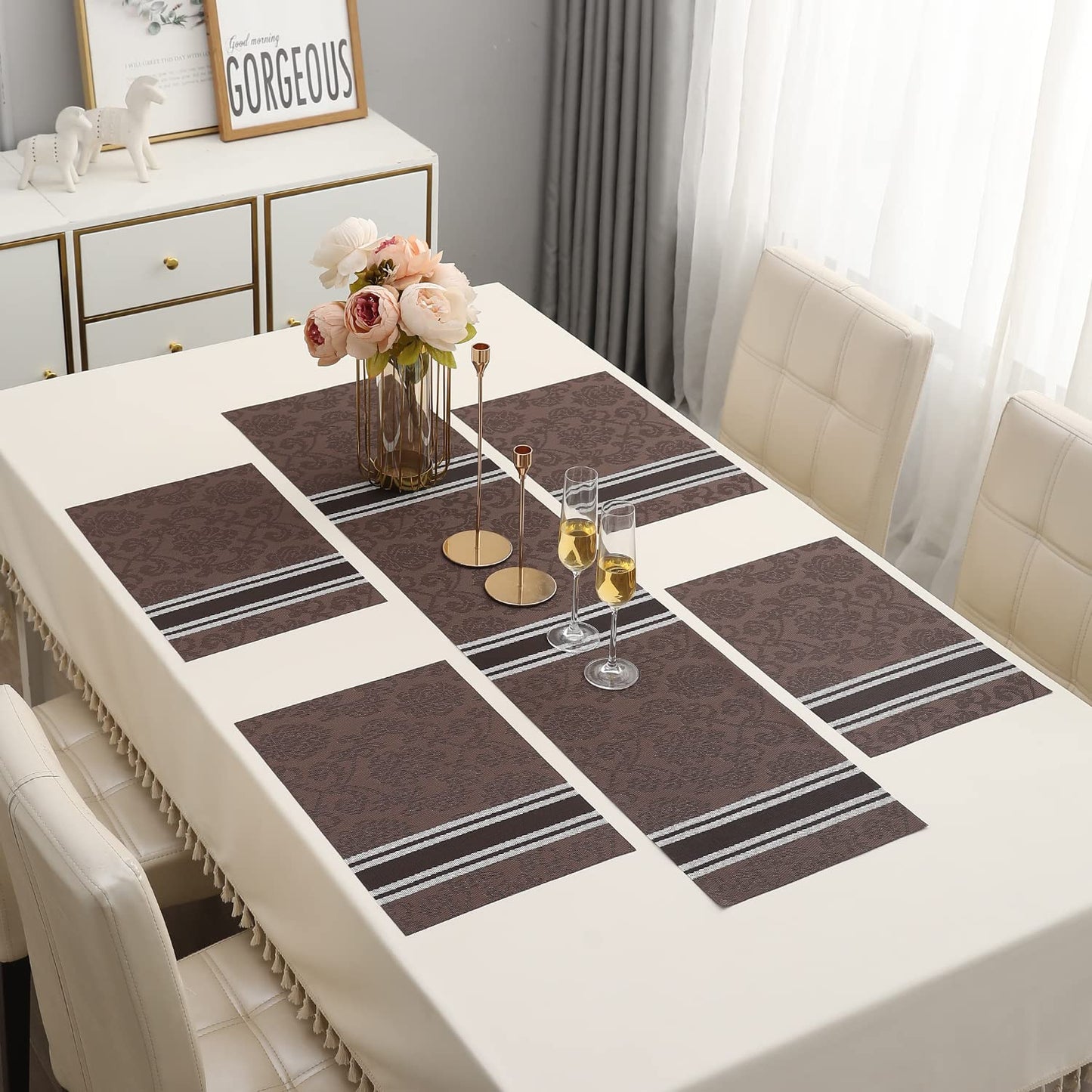 PVC Dining Table Mats, Damask Brown