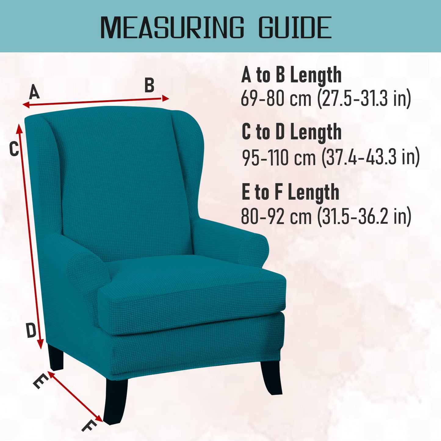 Teal Jacquard Elastic Chair Cover for Wingback Chair Size Guide