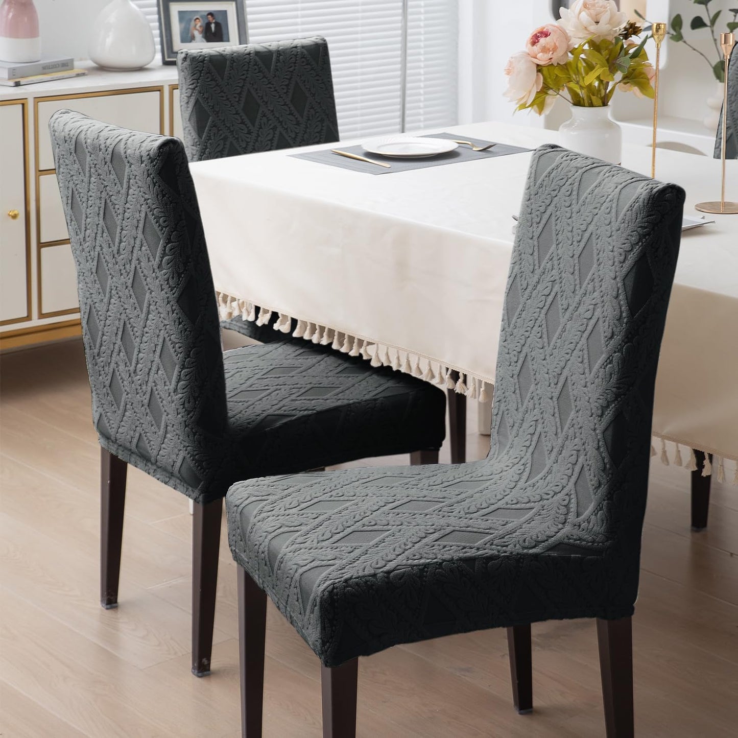 Chair Cover Set of 1/2/4/6, 190 GSM Jacquard, Dark Grey