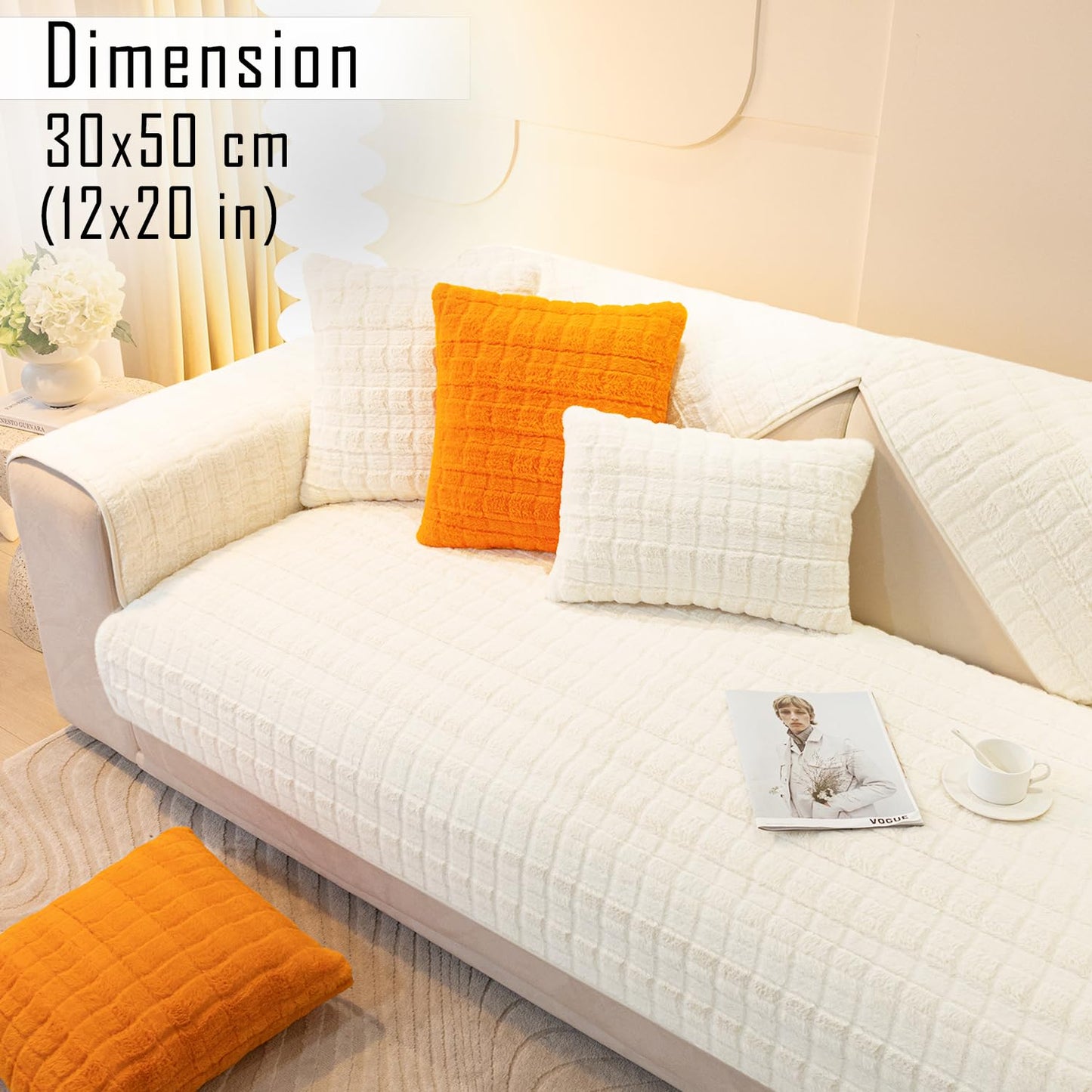 Premium Plush Sofa Cover Mat with 2 Armrest Cover and Cushion Cover, White