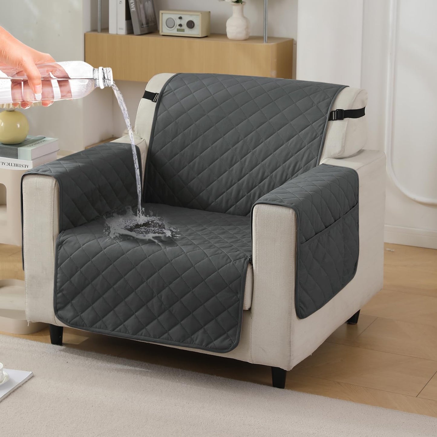 Quilted Waterproof Sofa Cover Mat with Pockets on Armrest Cover - Grey