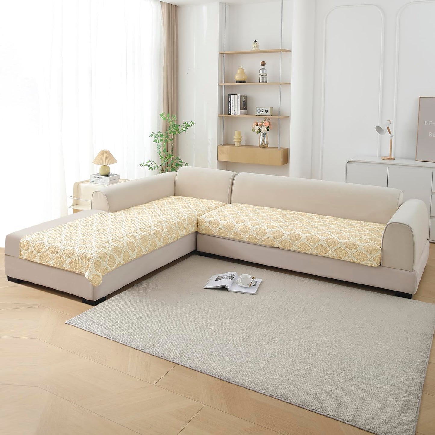 Quilted Printed L Shape Sofa Cover Mat for 2+2/3+2/3+3 Seater, Ogee Ivory