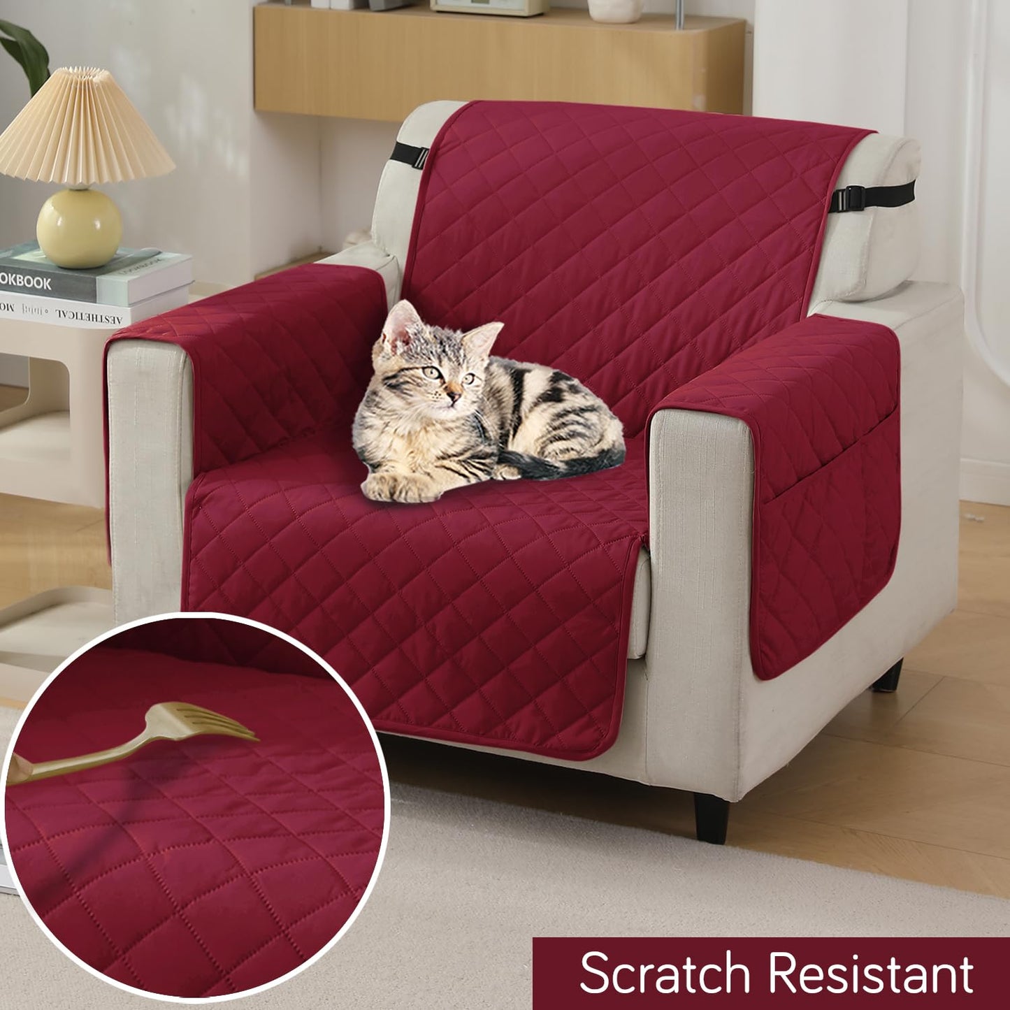 Quilted Waterproof Sofa Cover Mat with Pockets on Armrest Cover - Maroon