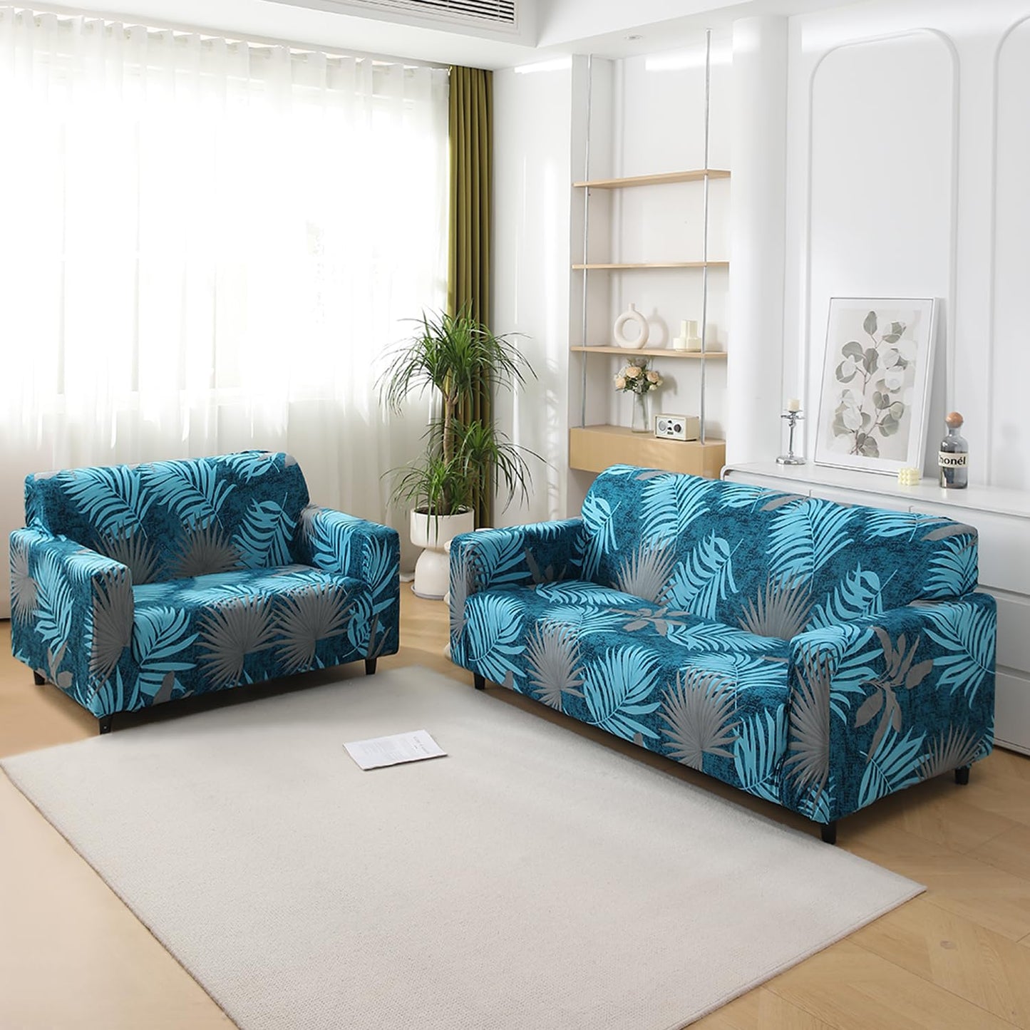 Sea Blue Tropical Leaves Printed Stretchable Sofa Cover