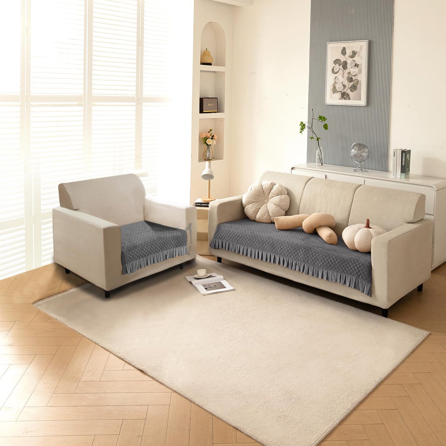Holland Velvet Sofa Cover Seat Mat with Frill for 1/2/3 - Seater, Grey