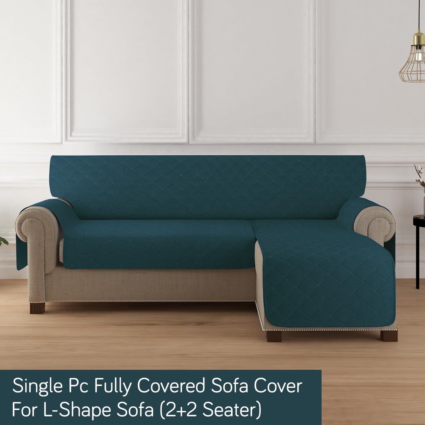 HOKIPO Quilted Reversible One Piece L Shape 4/5/6 Seater Sofa Cover Mat, Peacock Blue