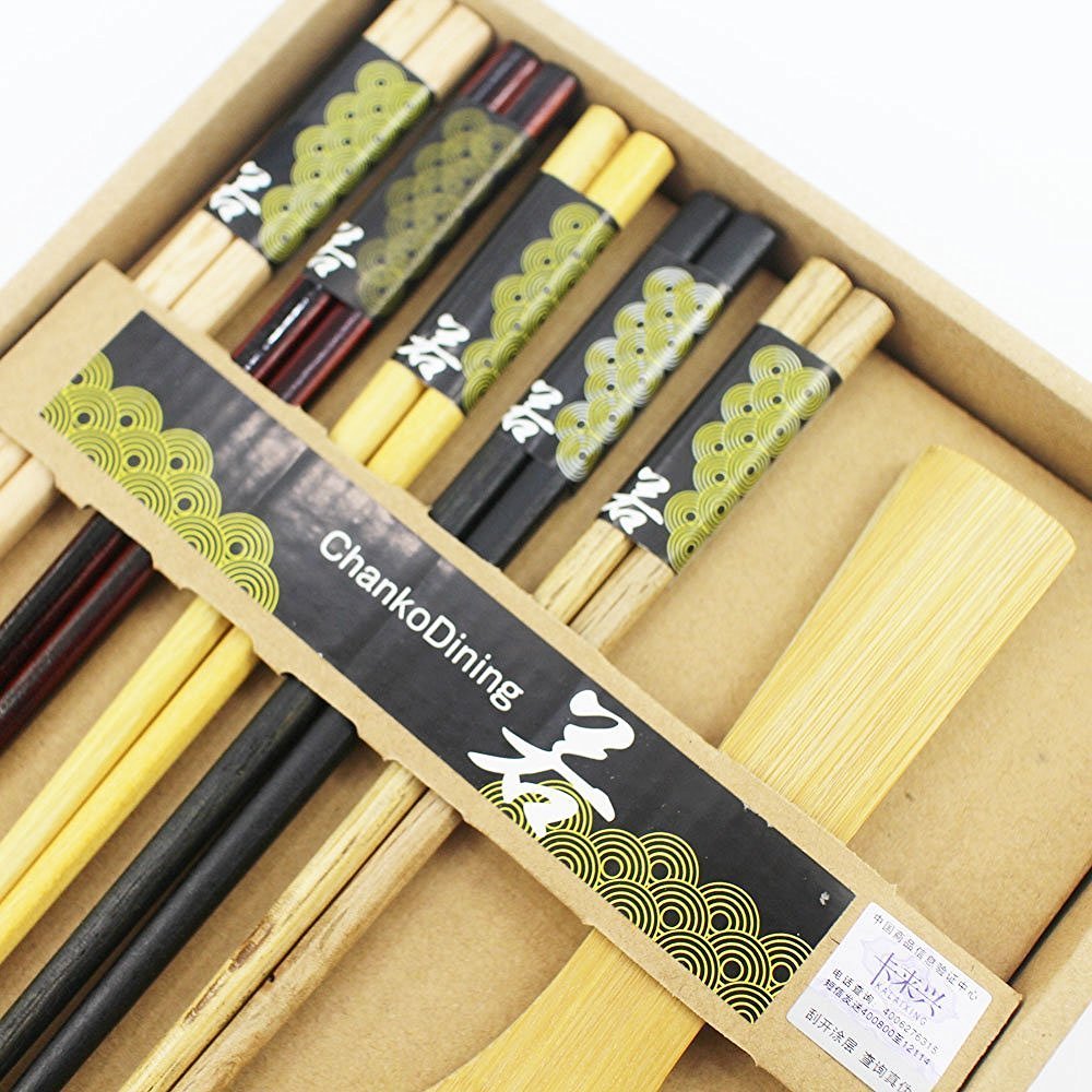 5 Pairs Wooden Bamboo Chopsticks with Rice Serving Spoon