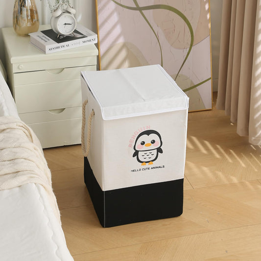 Foldable Laundry Basket for Clothes with Lid, Black - Penguin