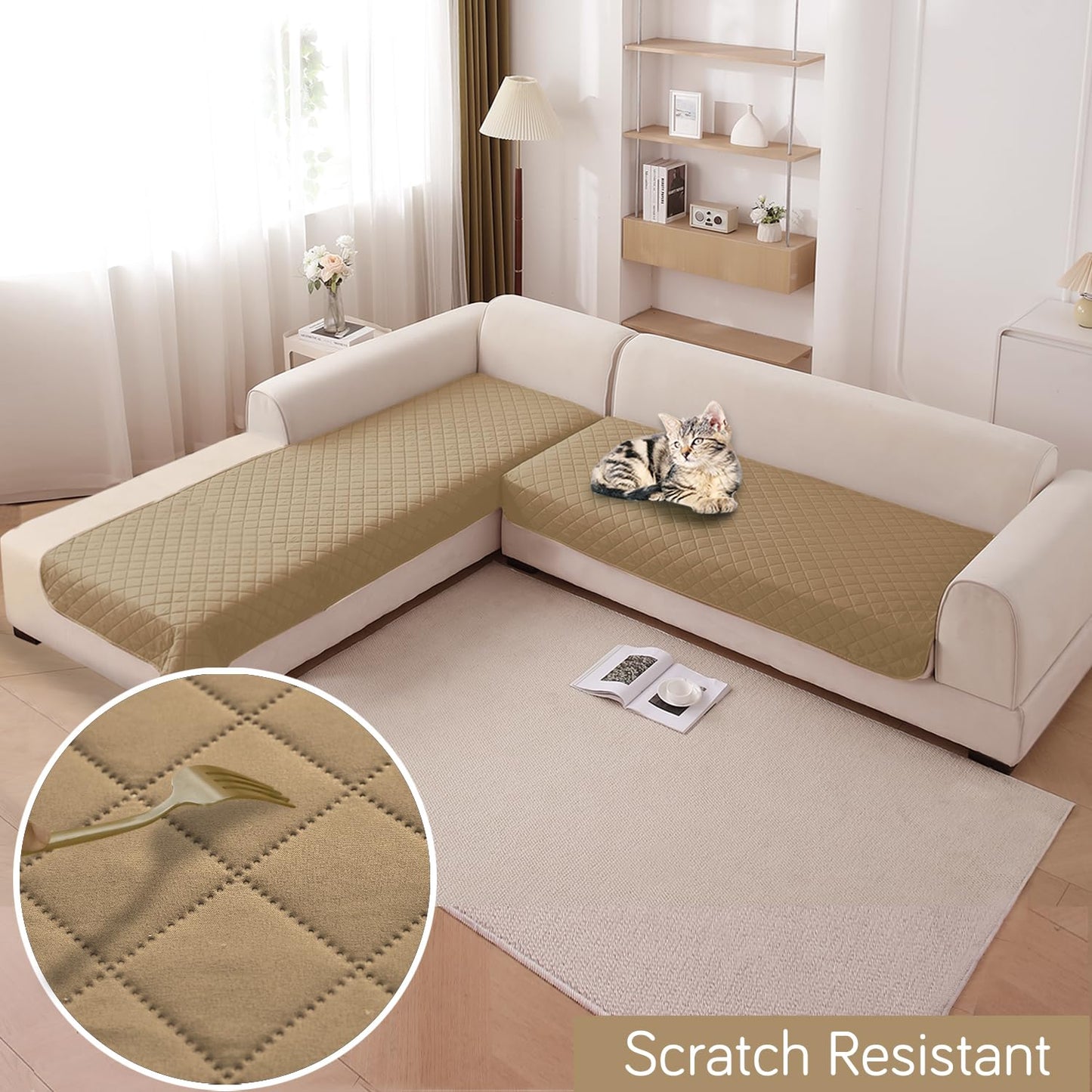 HOKIPO Waterproof Quilted Quick Dry L Shape Sofa Seat Cover Mat, Camel