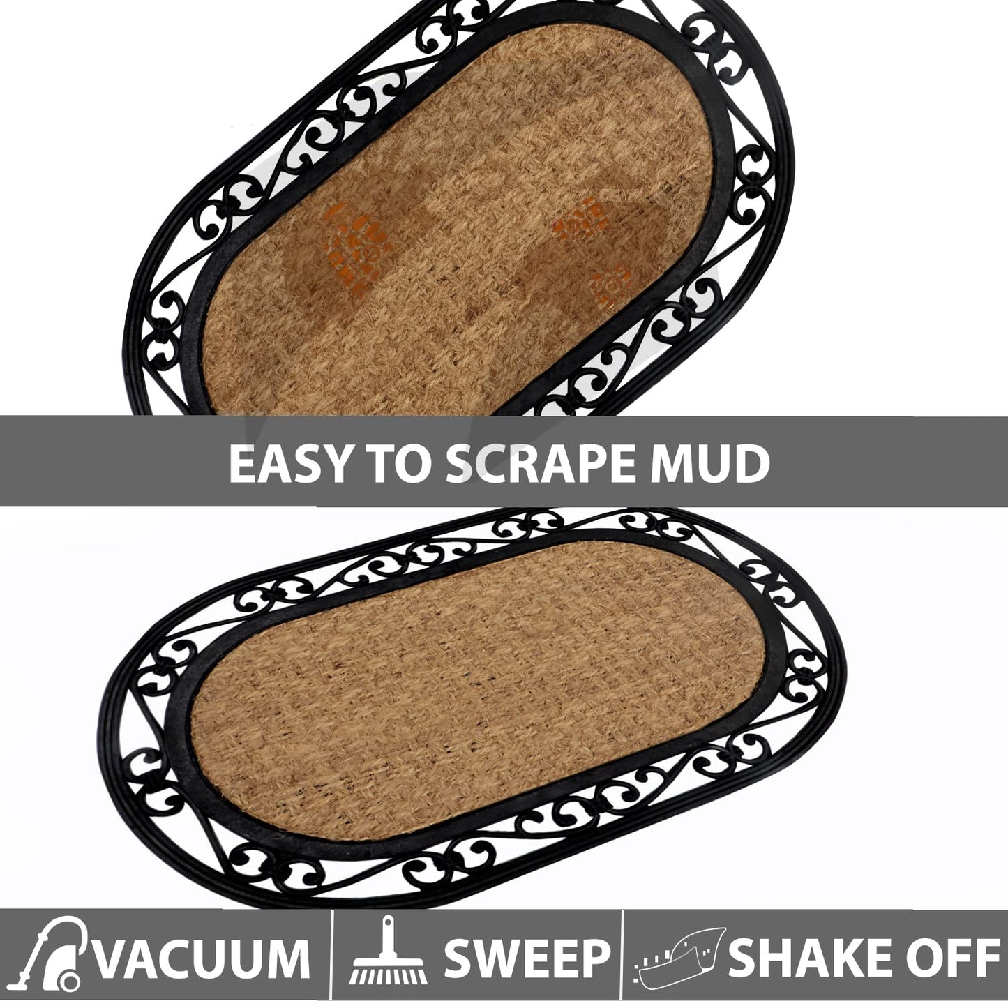 Natural Rubber Coir Doormat with Designer Border, Anti-Slip Rubber Backing, 45x75 cm