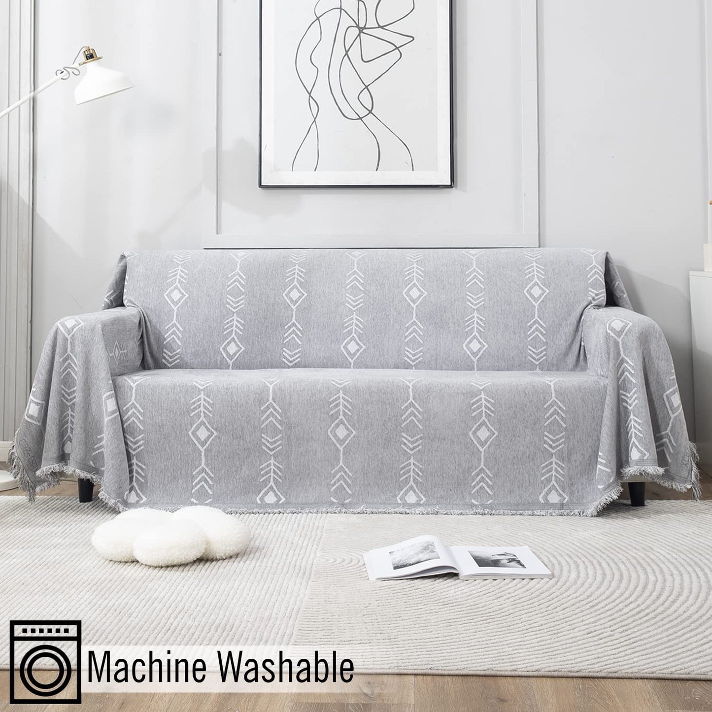 Thick, Soft and Pet Friendly Chenille Sofa Cover Throw, Grey Aztec