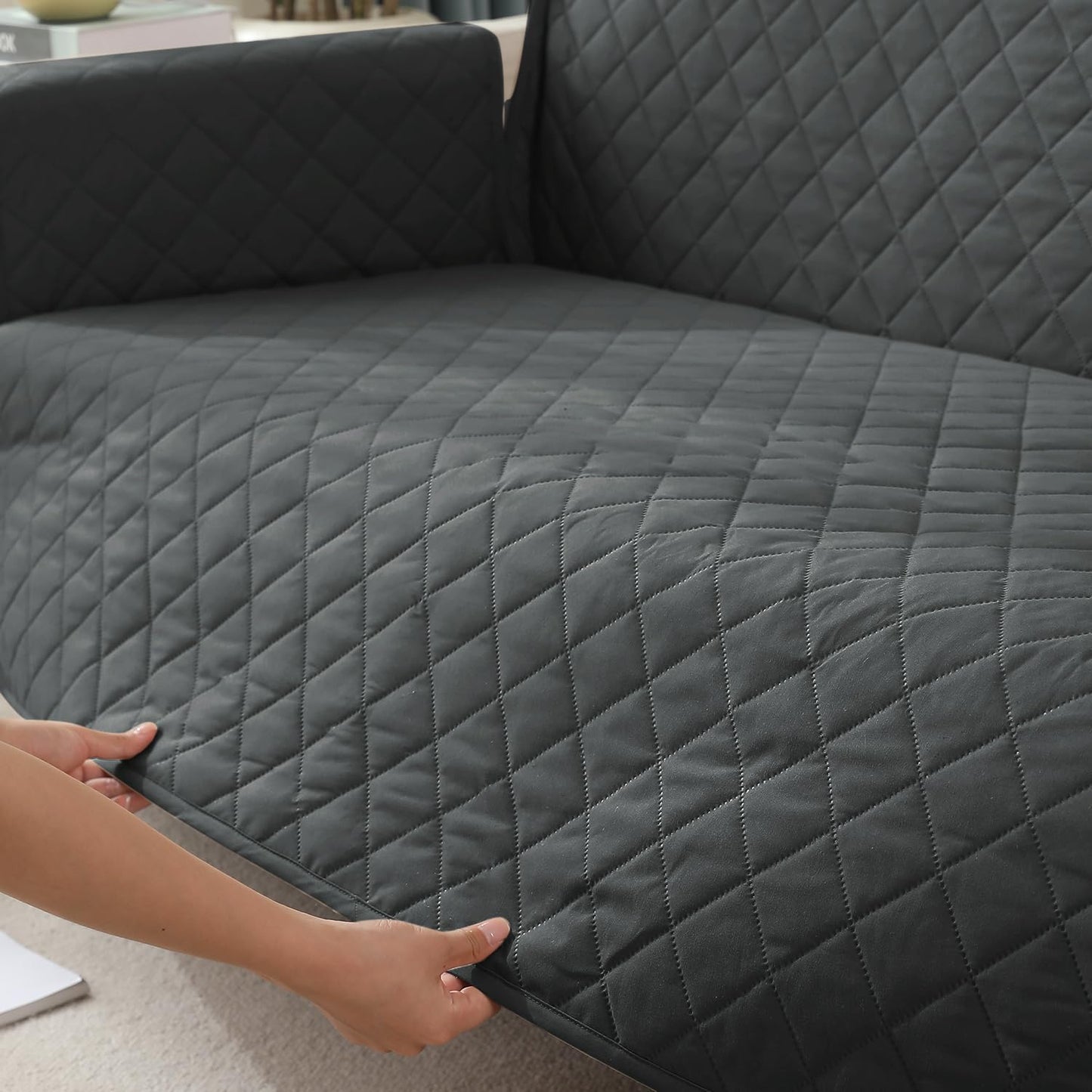 Quilted Waterproof Sofa Cover Mat with Pockets on Armrest Cover - Grey
