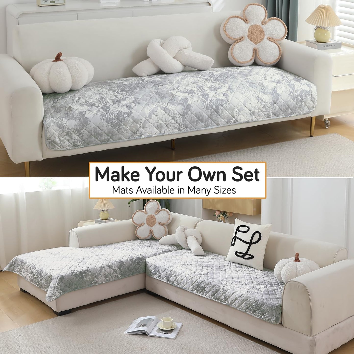 Quilted, Waterproof and Anti-Slip Sofa Cover Mat, Motifs Cloud Grey
