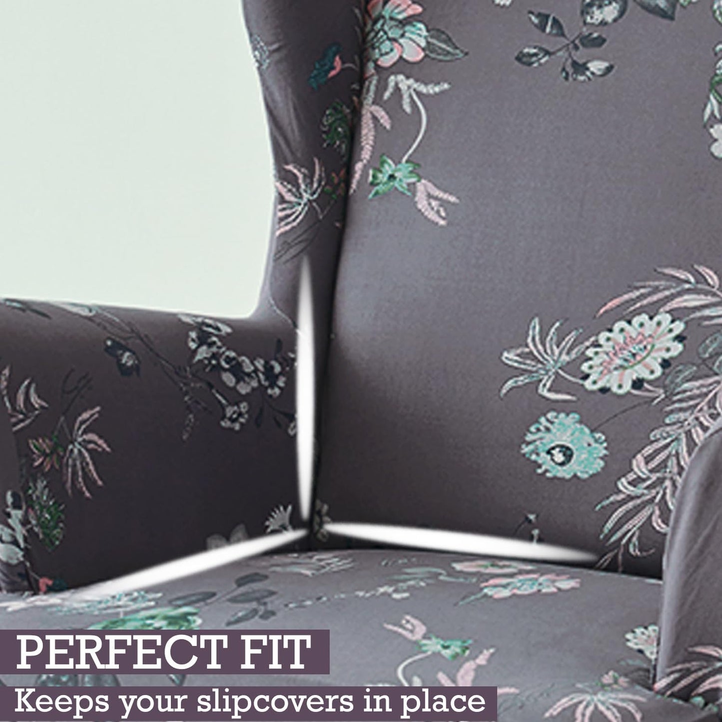 Stretchable 140 GSM Wing Chair Cover, Bentonite Grey Budding Florals