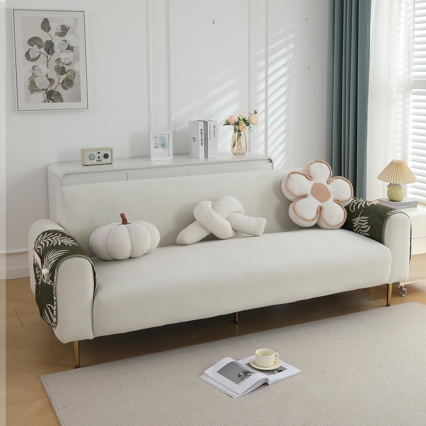 Quilted, Waterproof and Anti-Slip Sofa Cover Mat, Palm Leaves Olive