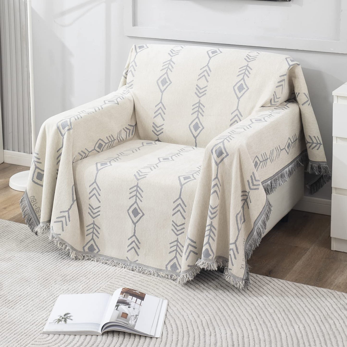 Thick, Soft and Pet Friendly Chenille Sofa Cover Throw, Off-White Aztec