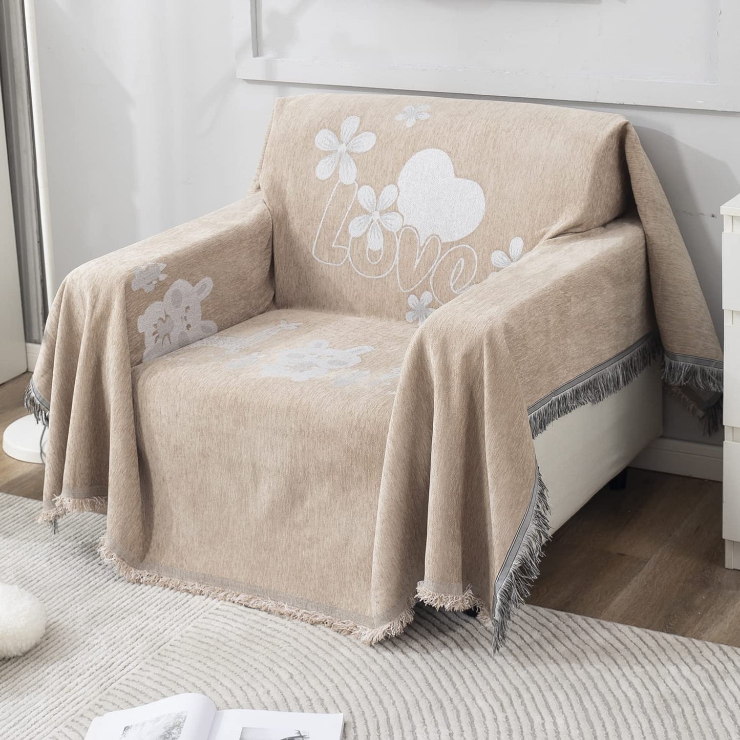Beige Nature, Soft and Pet Friendly Chenille Sofa Cover Throw