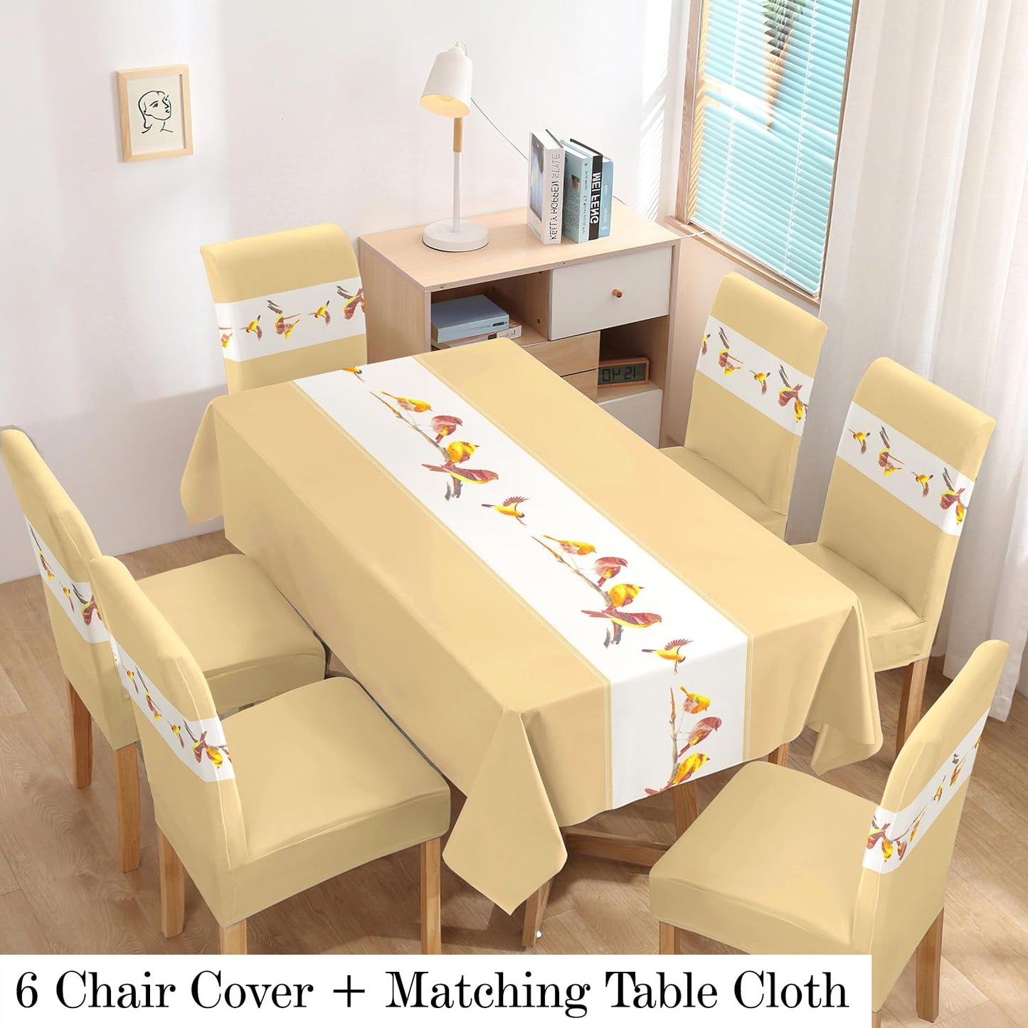 Polyester Dining Chair Covers Set of 4/6 with Matching Tablecloth, Chirping Birds Beige