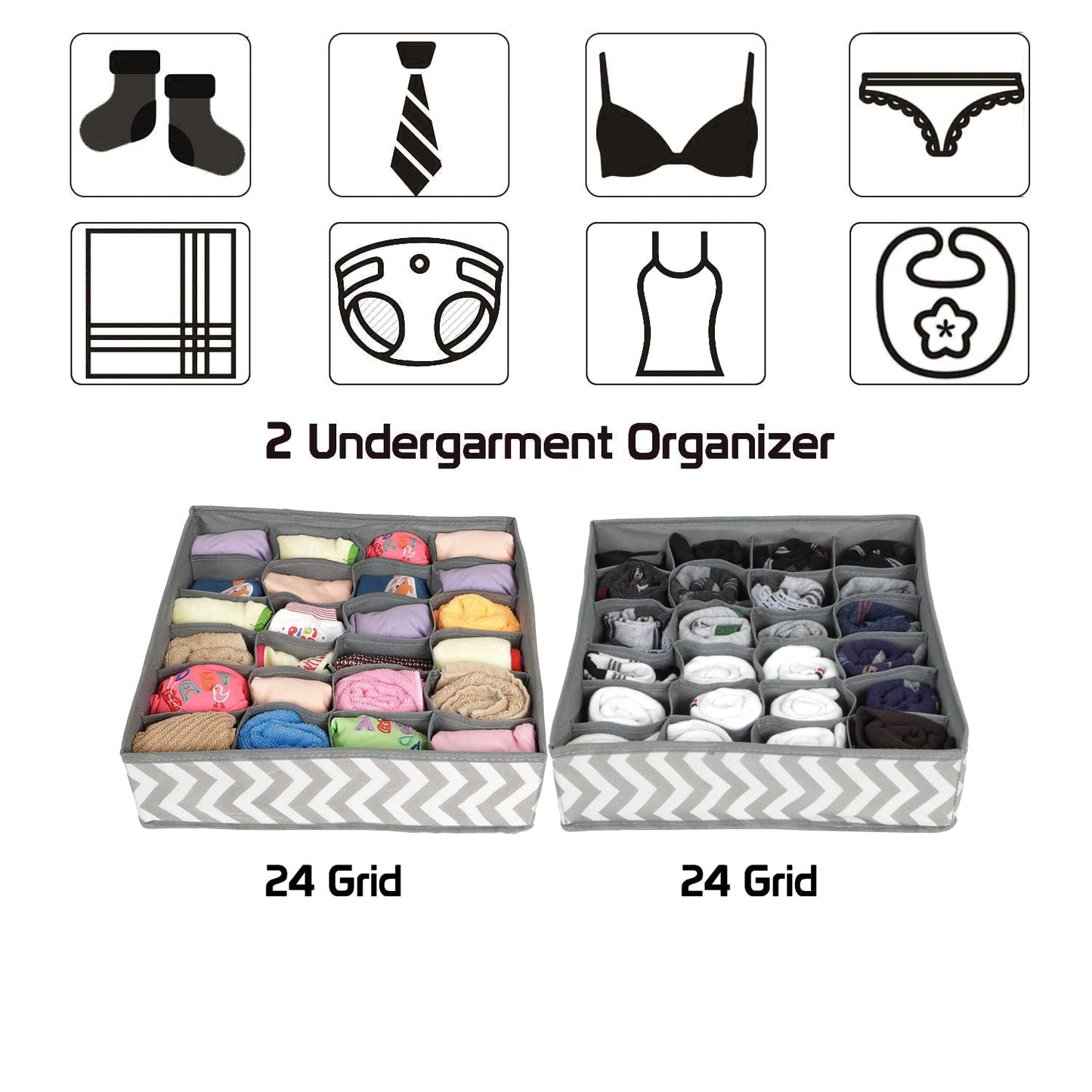 Undergarment Organizer Storage Box For Drawers Bra Panty Socks Tie Lingerie Wardrobe, 24 Grid*2 (Non-Woven Fabric, Drawer Organizers, Grey)